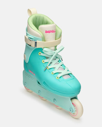 Seafoam blue inline skates angled view with buckle, white laces, and four wheels