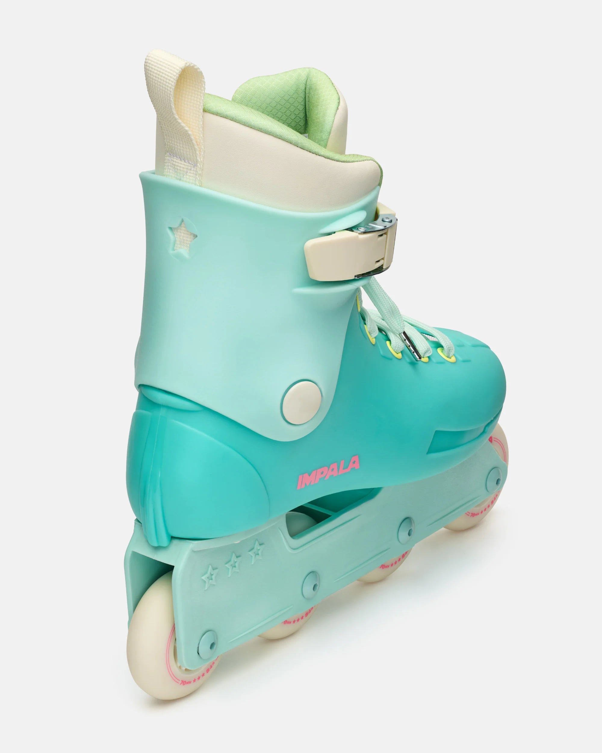 Seafoam blue inline skates with padded cuff, buckle strap, and four pink wheels