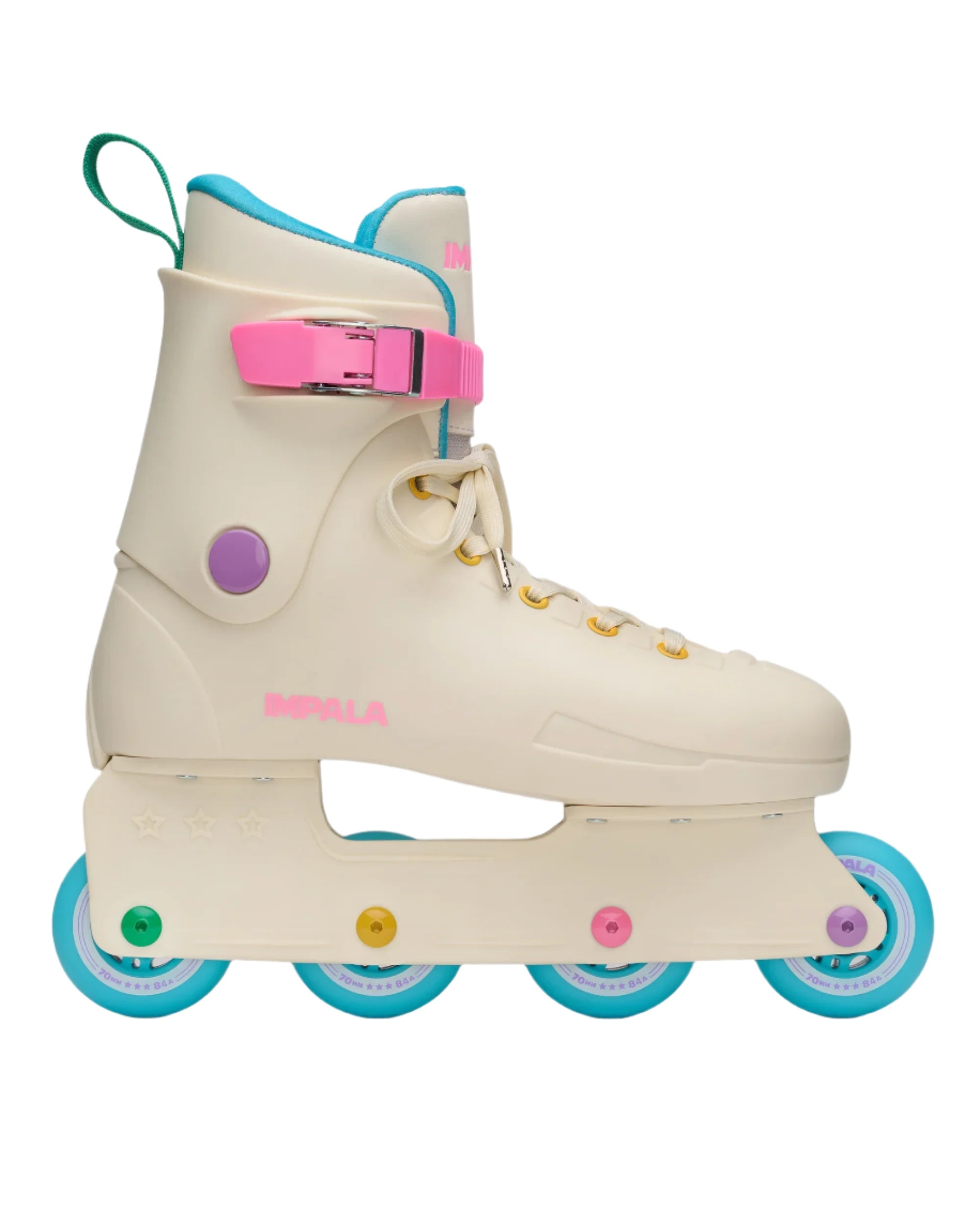 Cream high-top inline skate with pink buckle, blue lining, and teal wheels