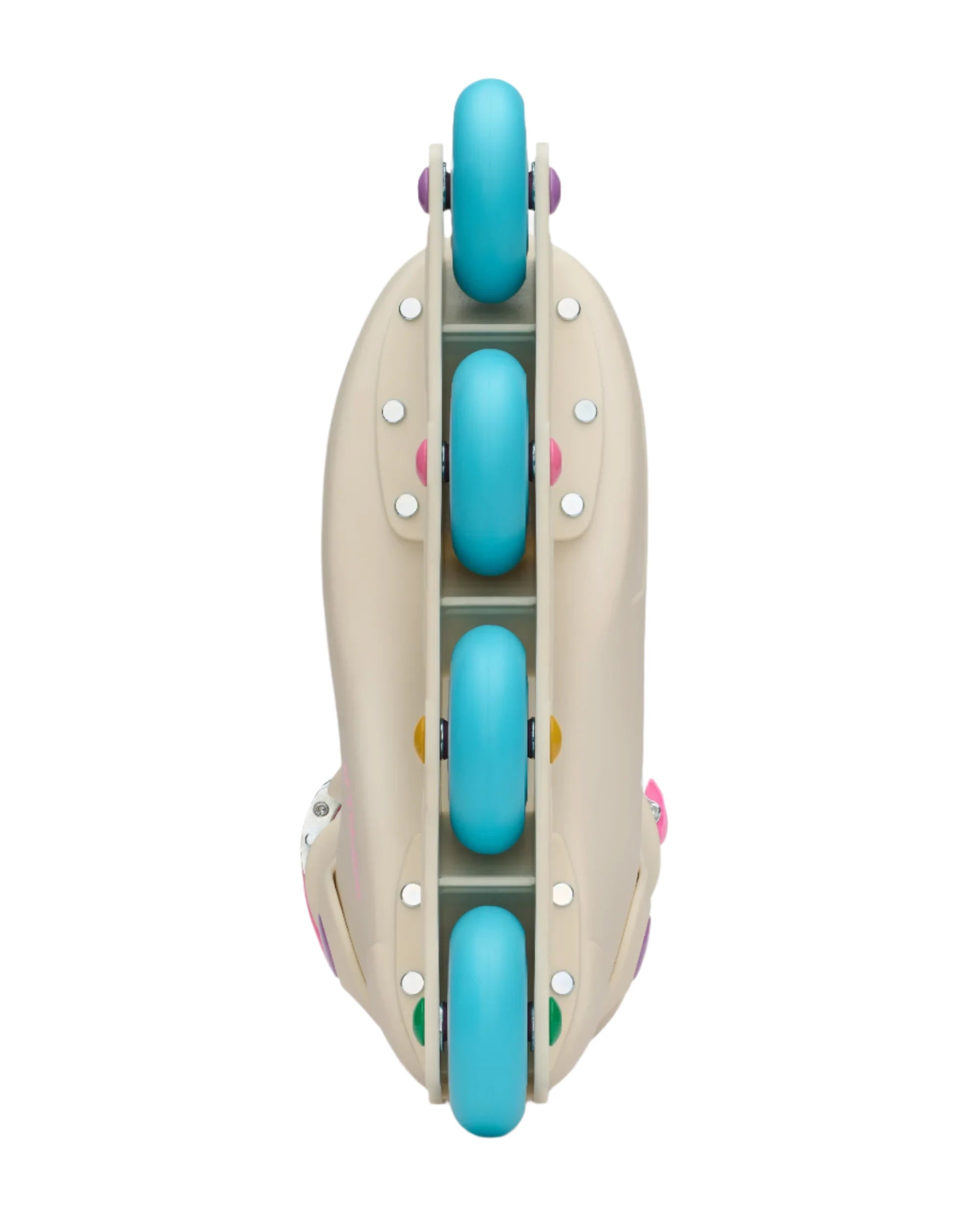 Cream inline skate frame with four teal wheels and colorful pin accents