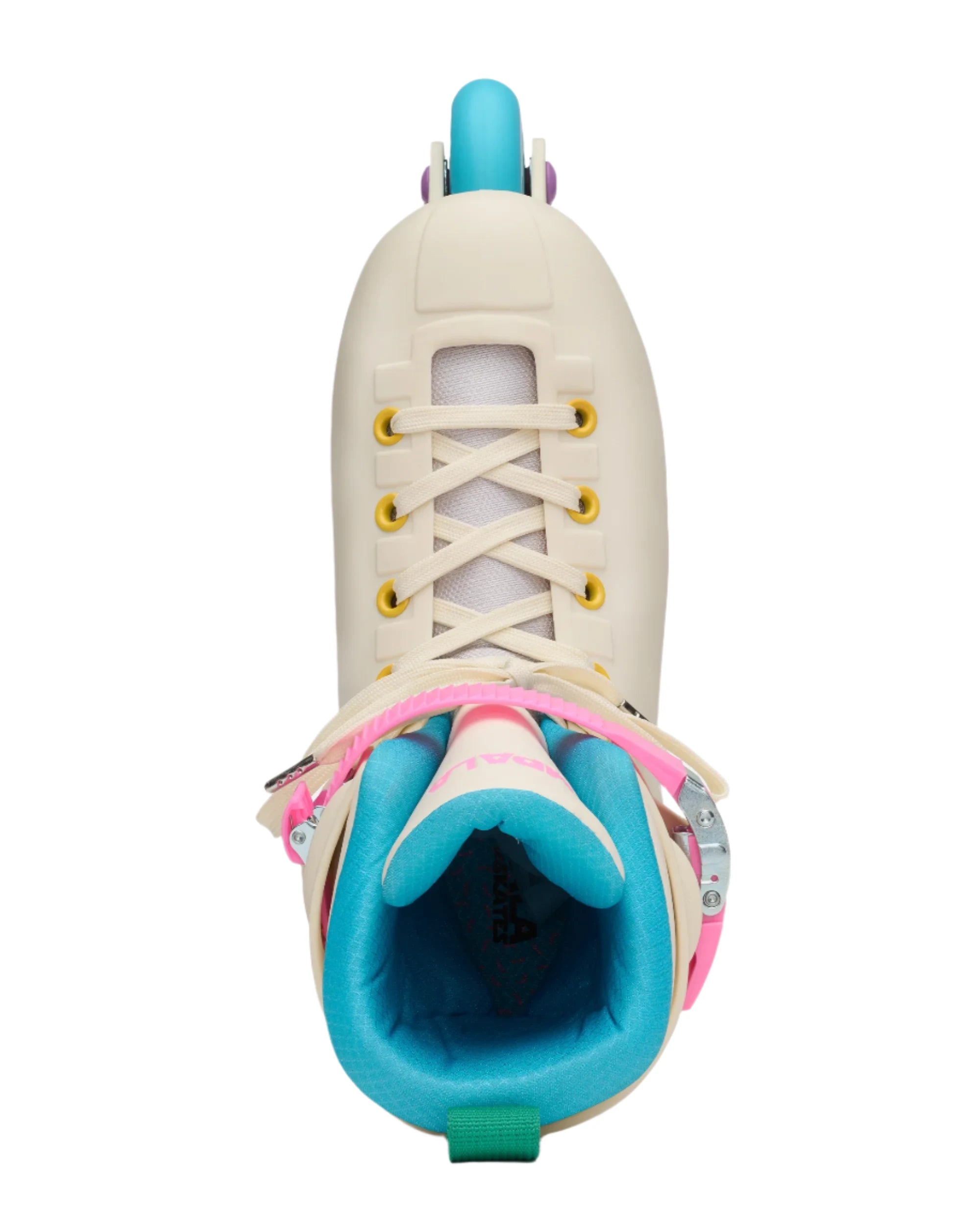 Cream inline skate with teal interior, white laces, and multicolor wheel guard