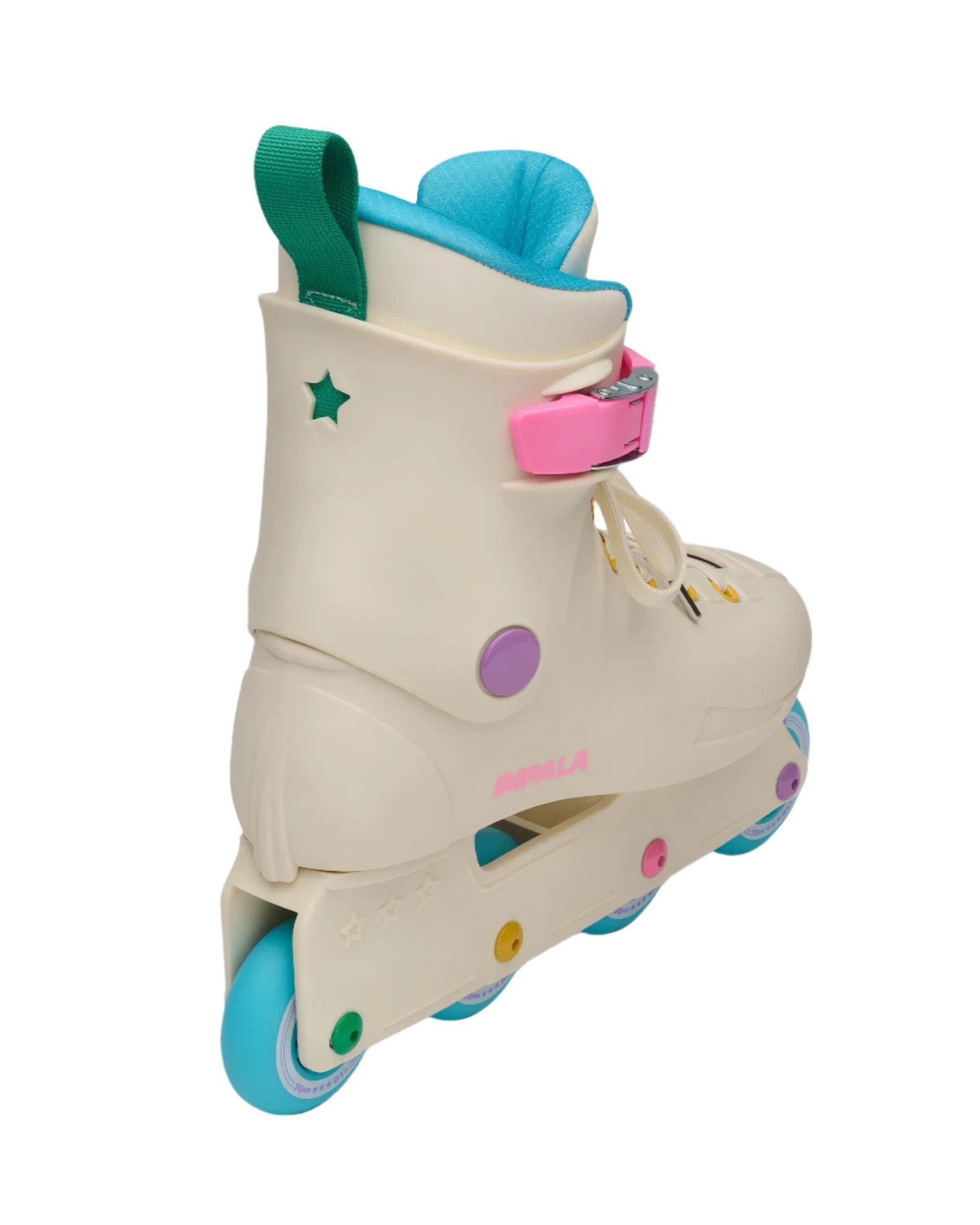 Cream inline skate with teal wheels, pink buckle strap, and star detail on cuff