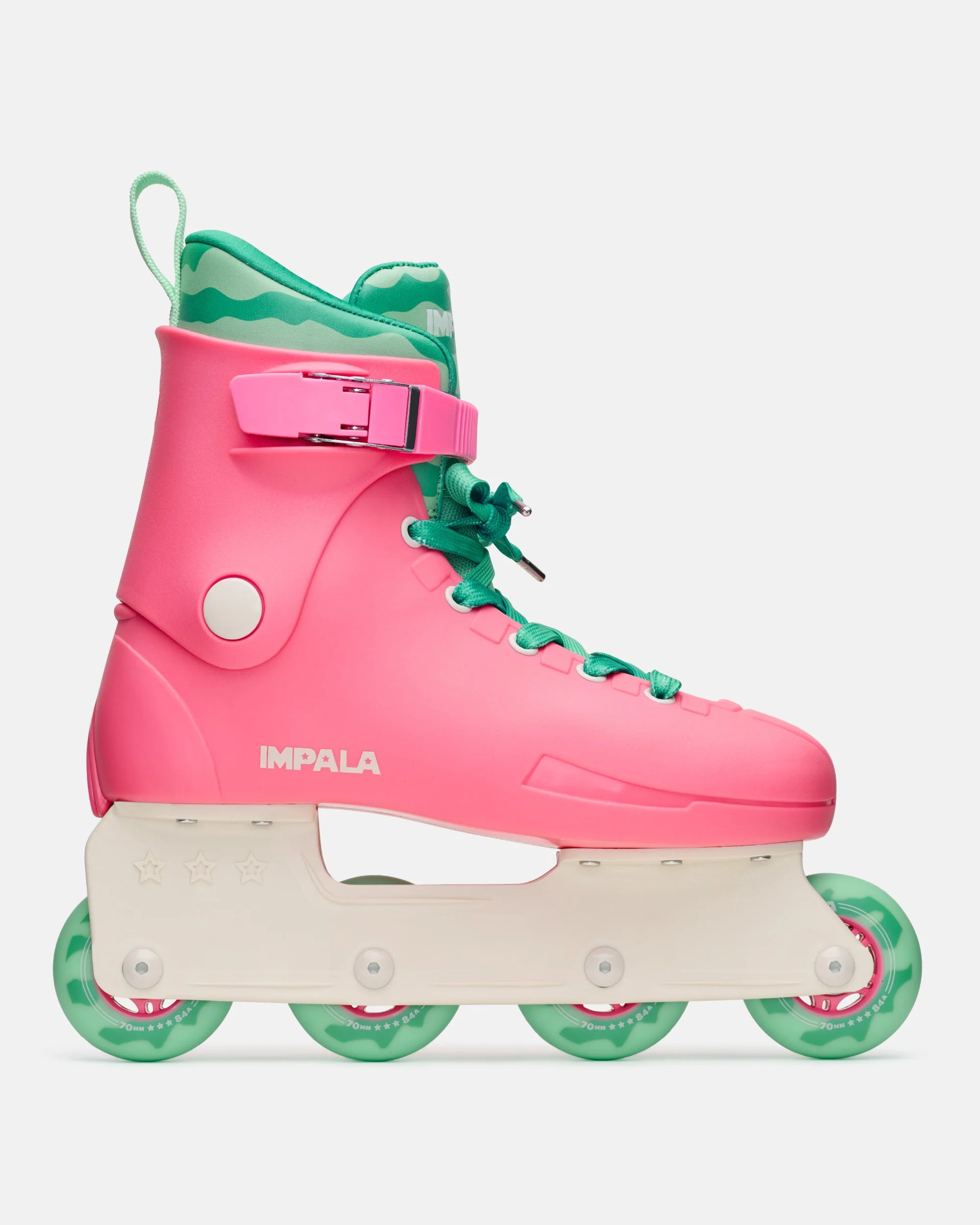 Pink and green inline skates with high-top support, laced front and rear wheel housing