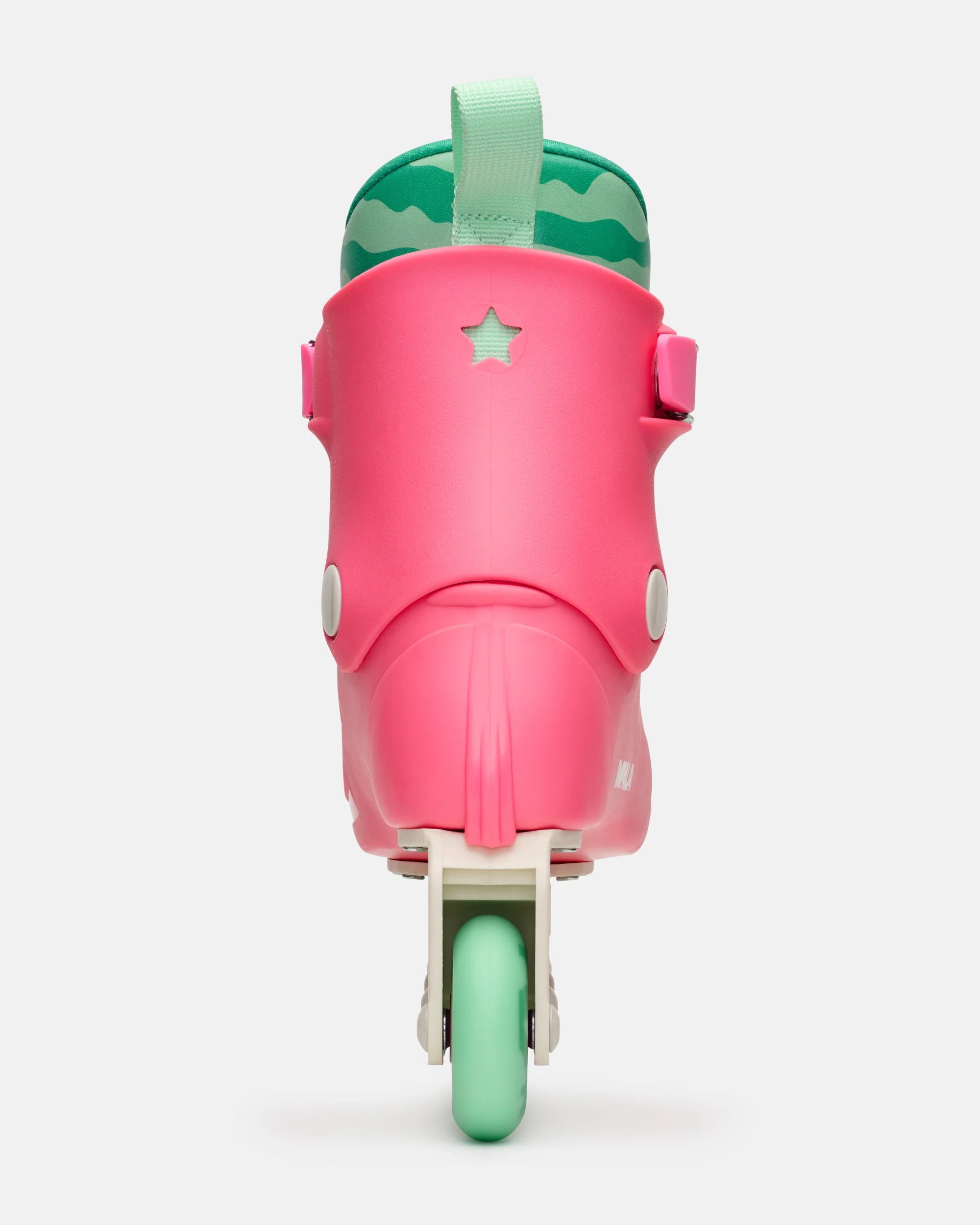 Front view of pink inline skates with green cuff, lace cover, and centered wheel frame