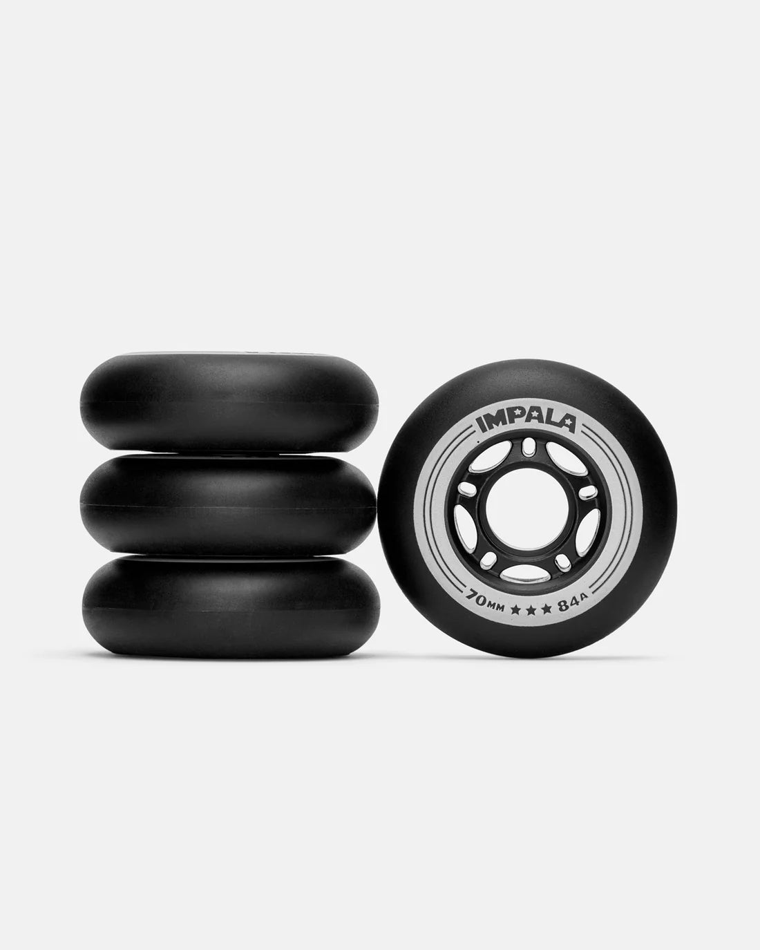 Black inline skate wheels with silver hub detail, 4-pack