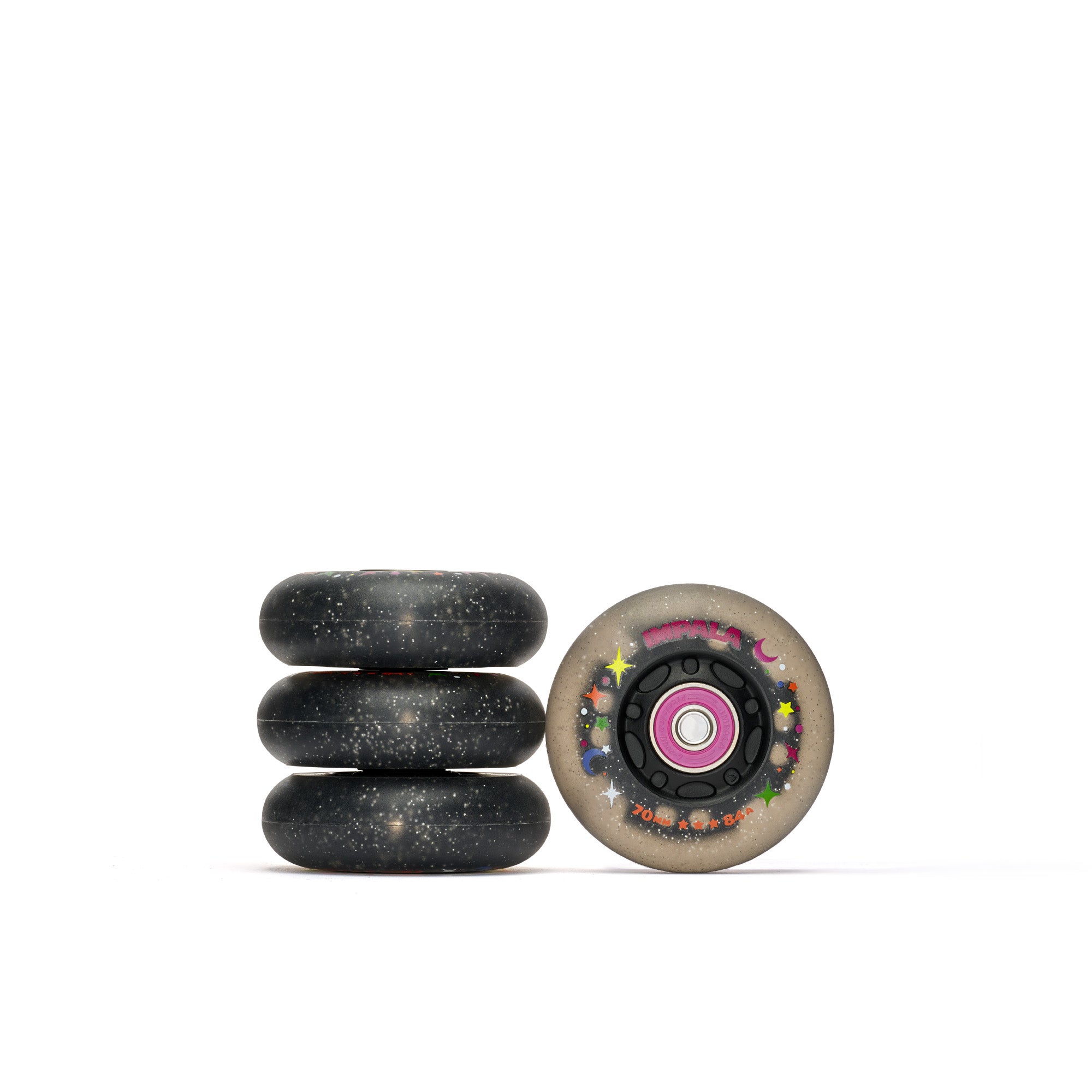 Black twinkle light-up inline wheels set with pink center and glitter finish