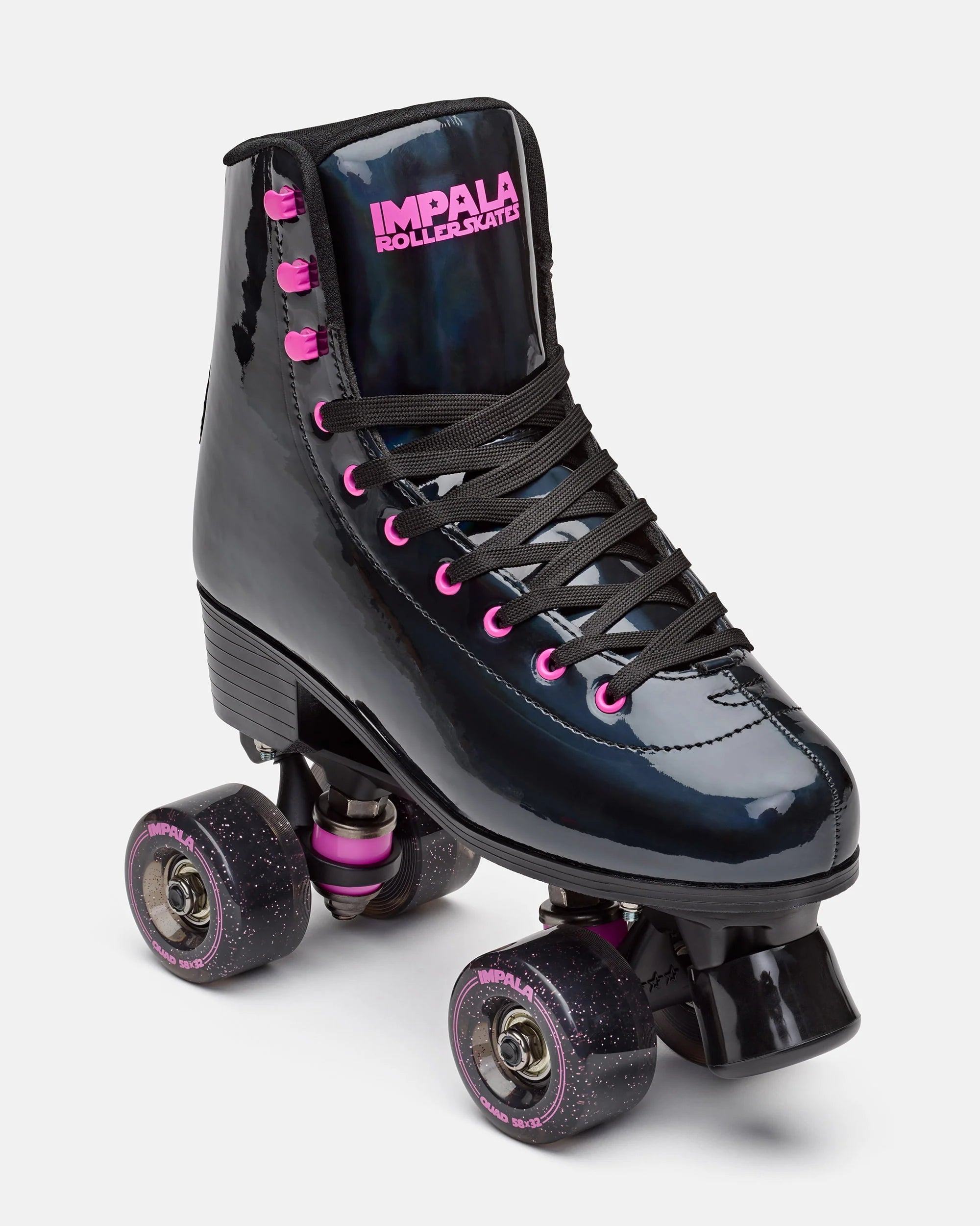 Black holographic quad skates with lace-up high-top and pink wheels, front 3/4 view