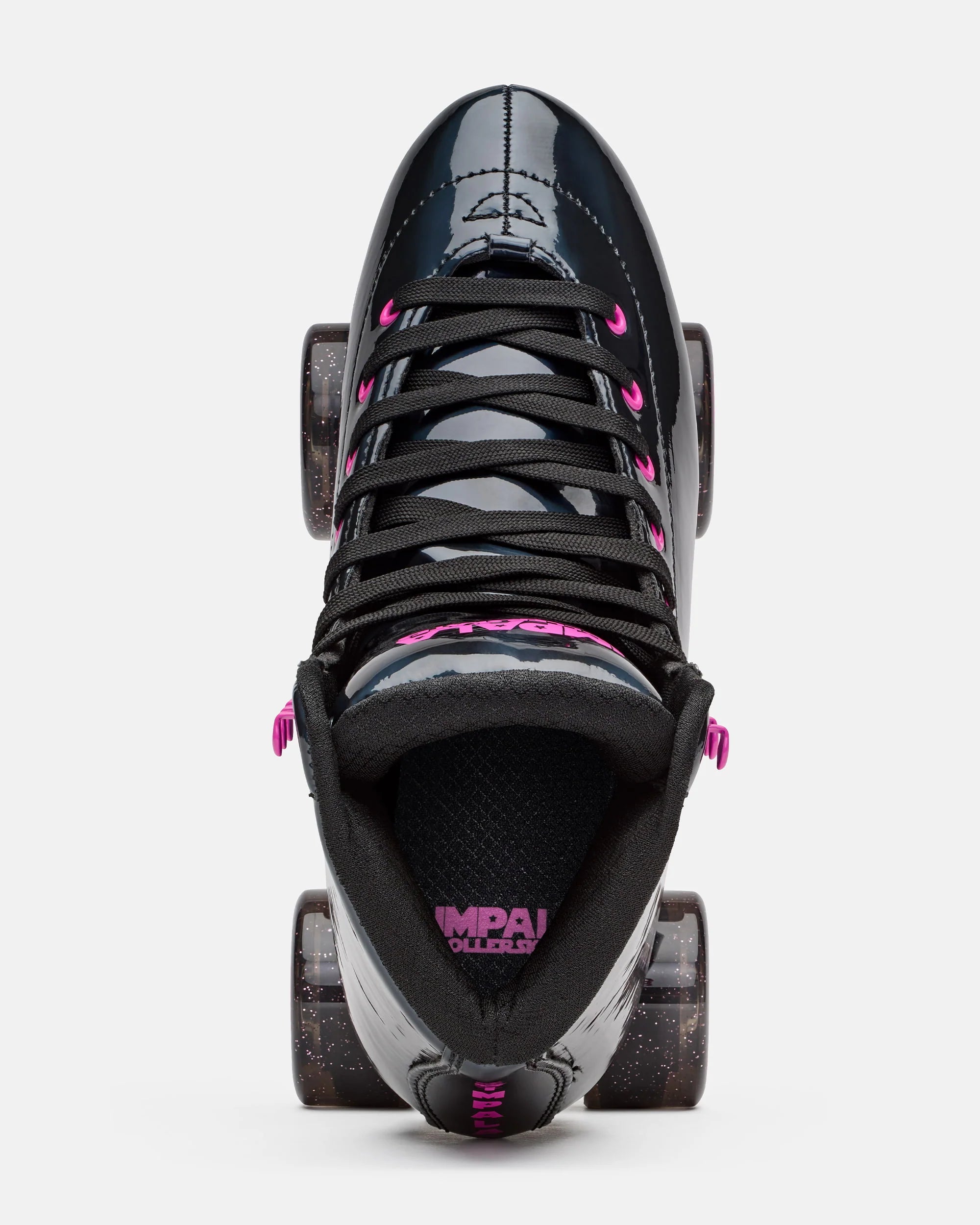 Black high-top quad skate front view with pink lace accents and glittery wheels