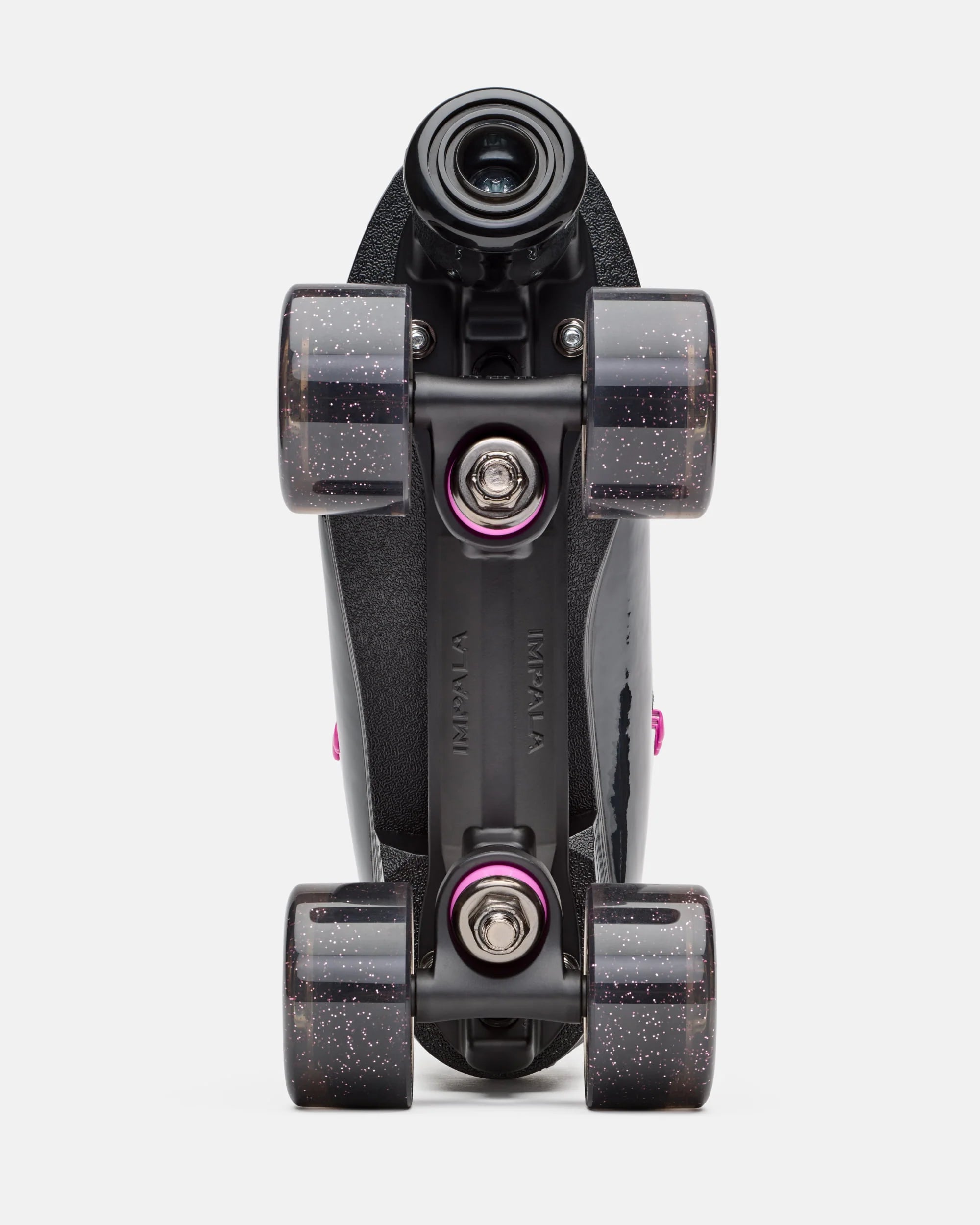 Black quad skate with four gray glitter wheels, showing front truck and wheels