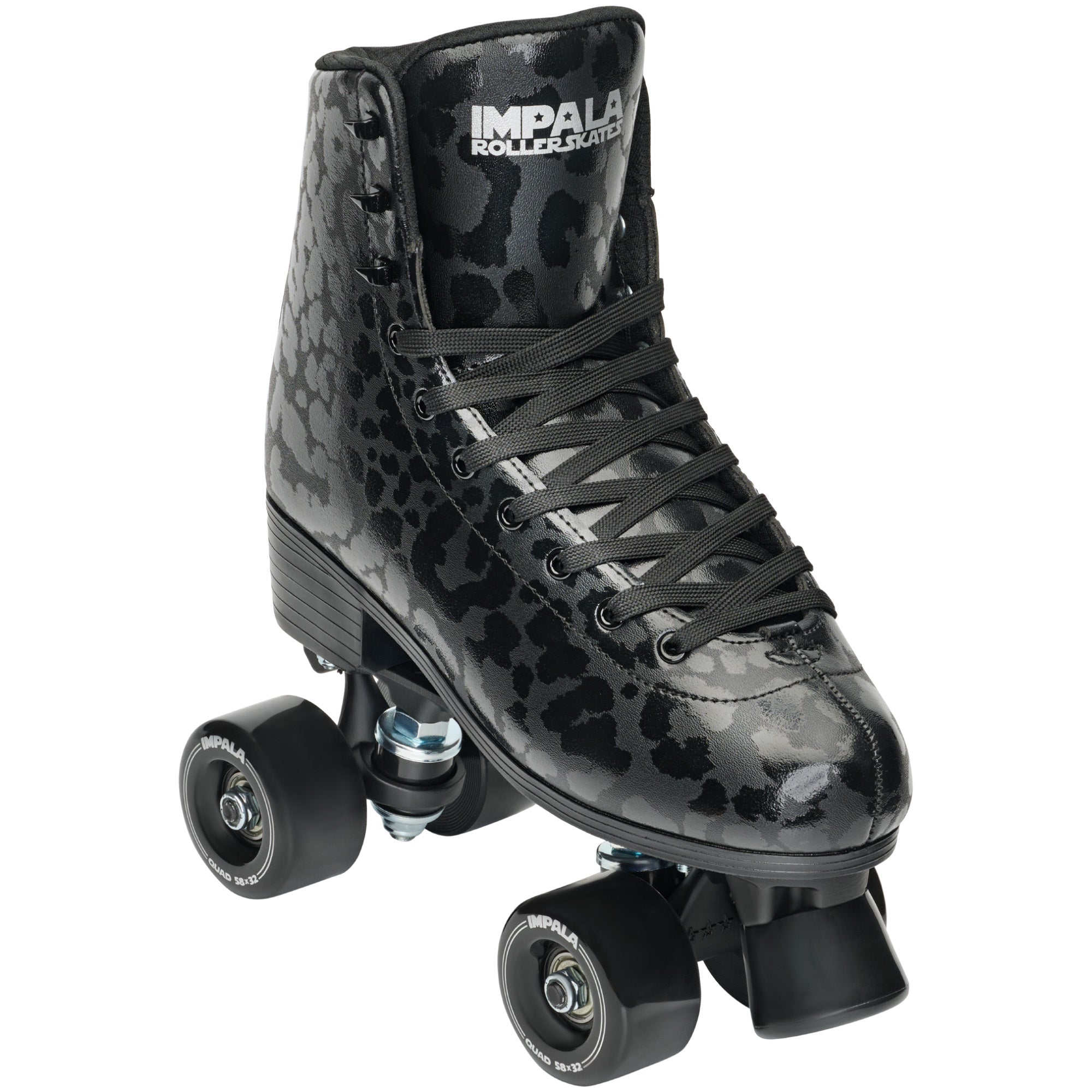 Impala quad roller skates in black leopard pattern, high-top lace-up boots with wheels