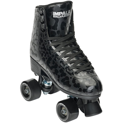 Impala quad roller skates in black leopard pattern, high-top lace-up boots with wheels
