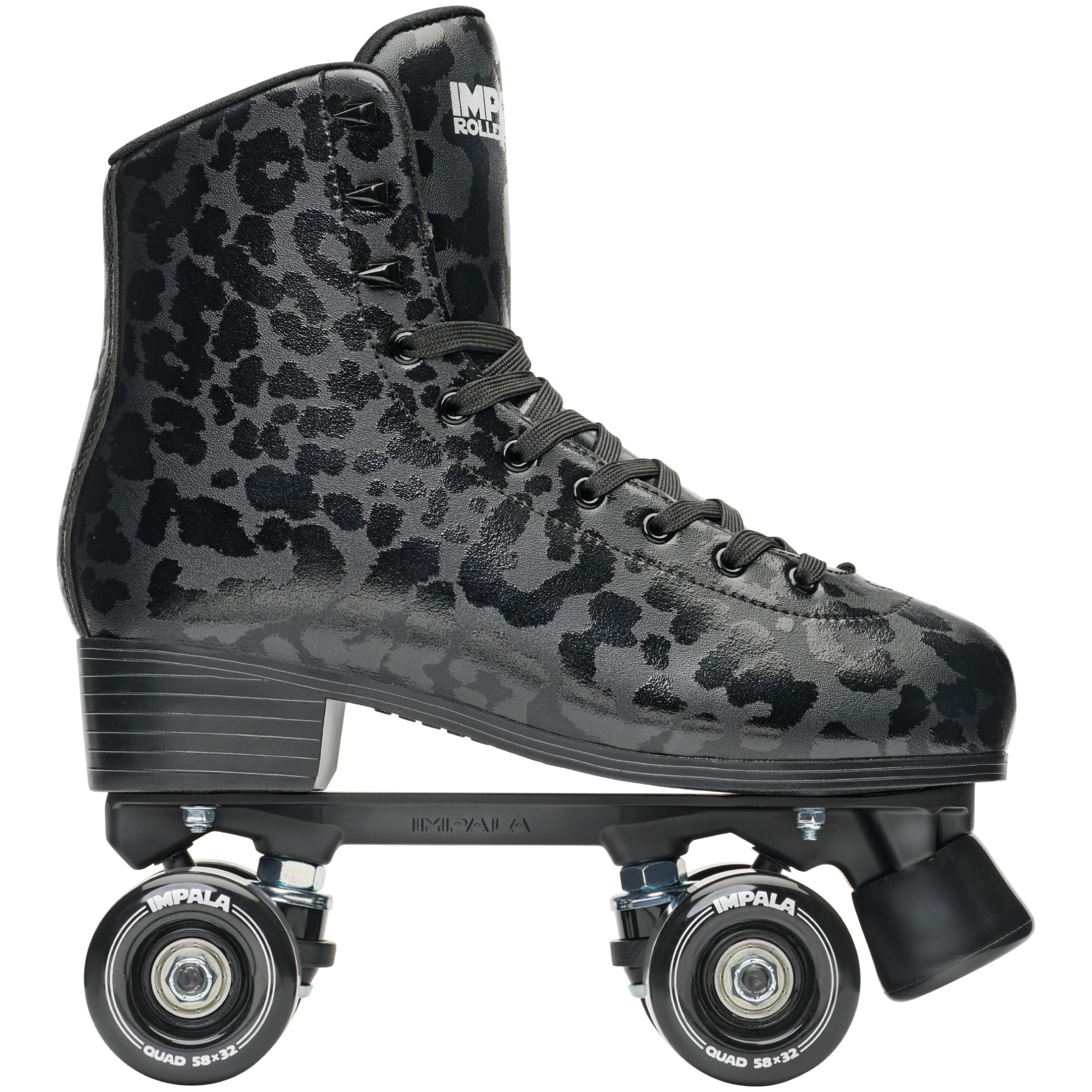 Impala quad roller skates, black leopard high-top lace-up with front wheel and platform