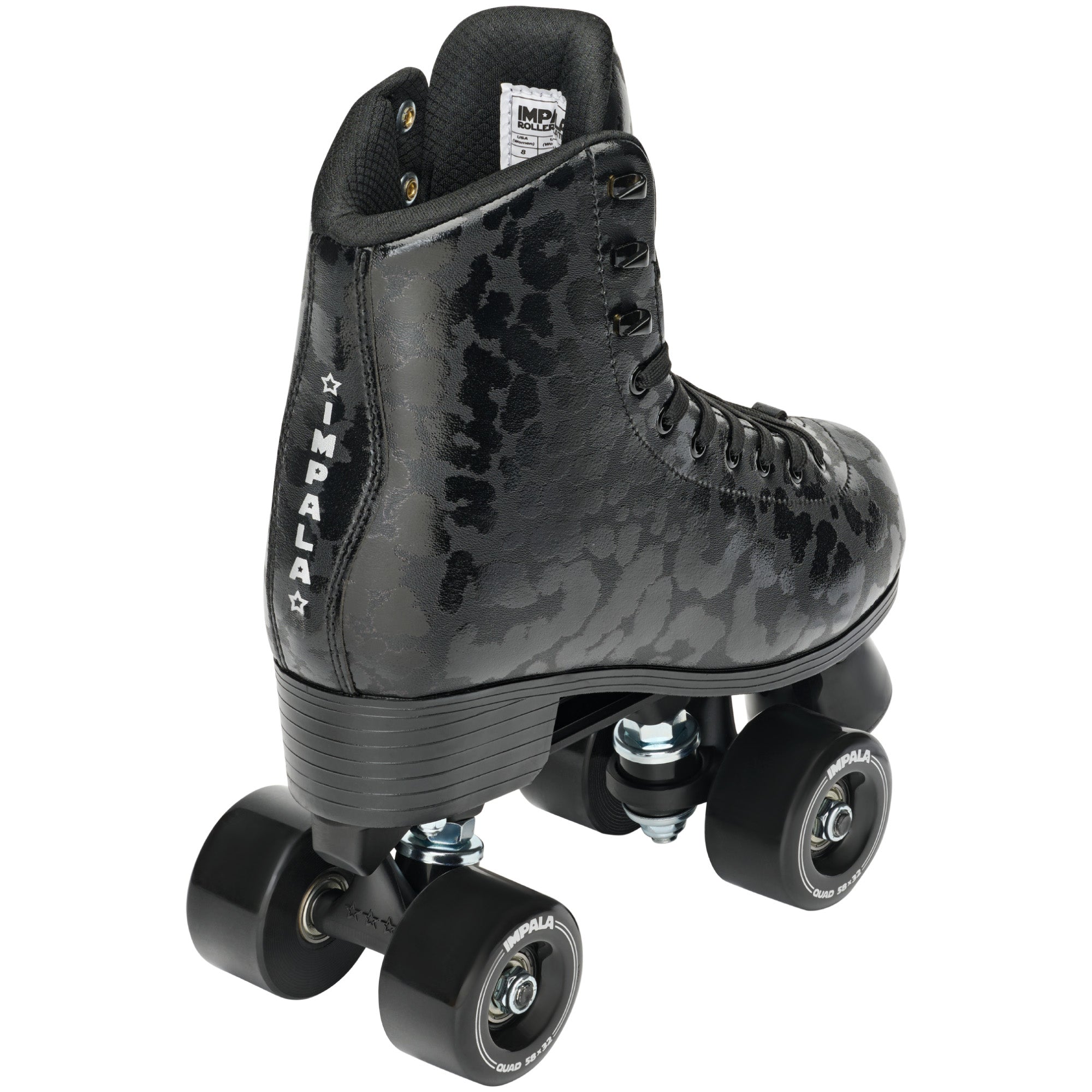 Impala quad roller skate, black leopard high-top boot with side laces and four wheels