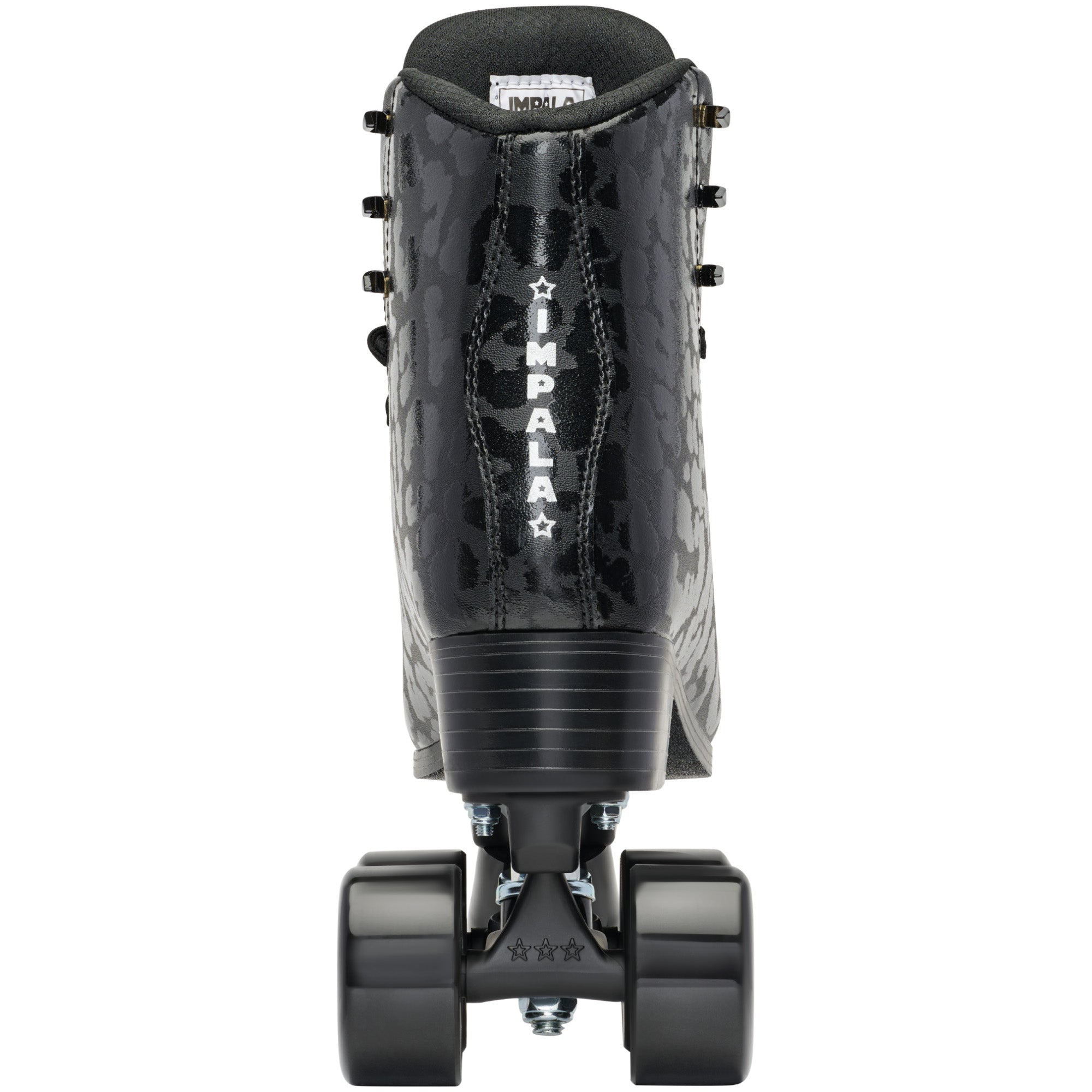 Impala quad roller skate, black leopard high-top boot with padded collar and rear wheels