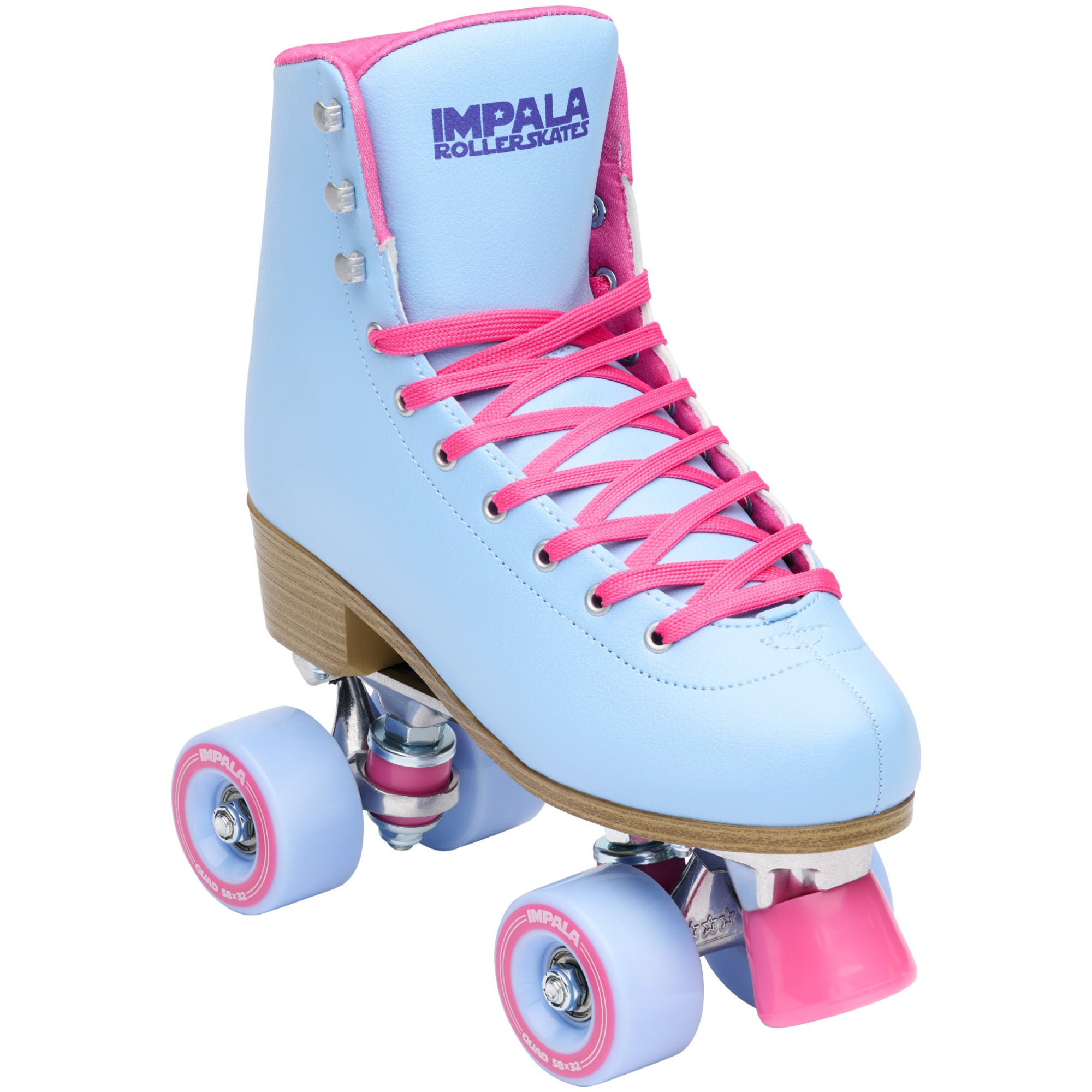 Light blue high-top quad roller skate with pink laces and light purple wheels