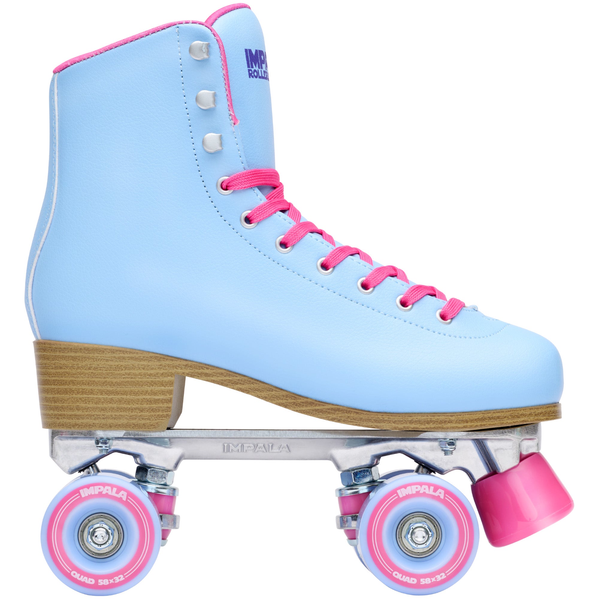 Light blue quad roller skate, tan heel with pink cuff and light purple wheels