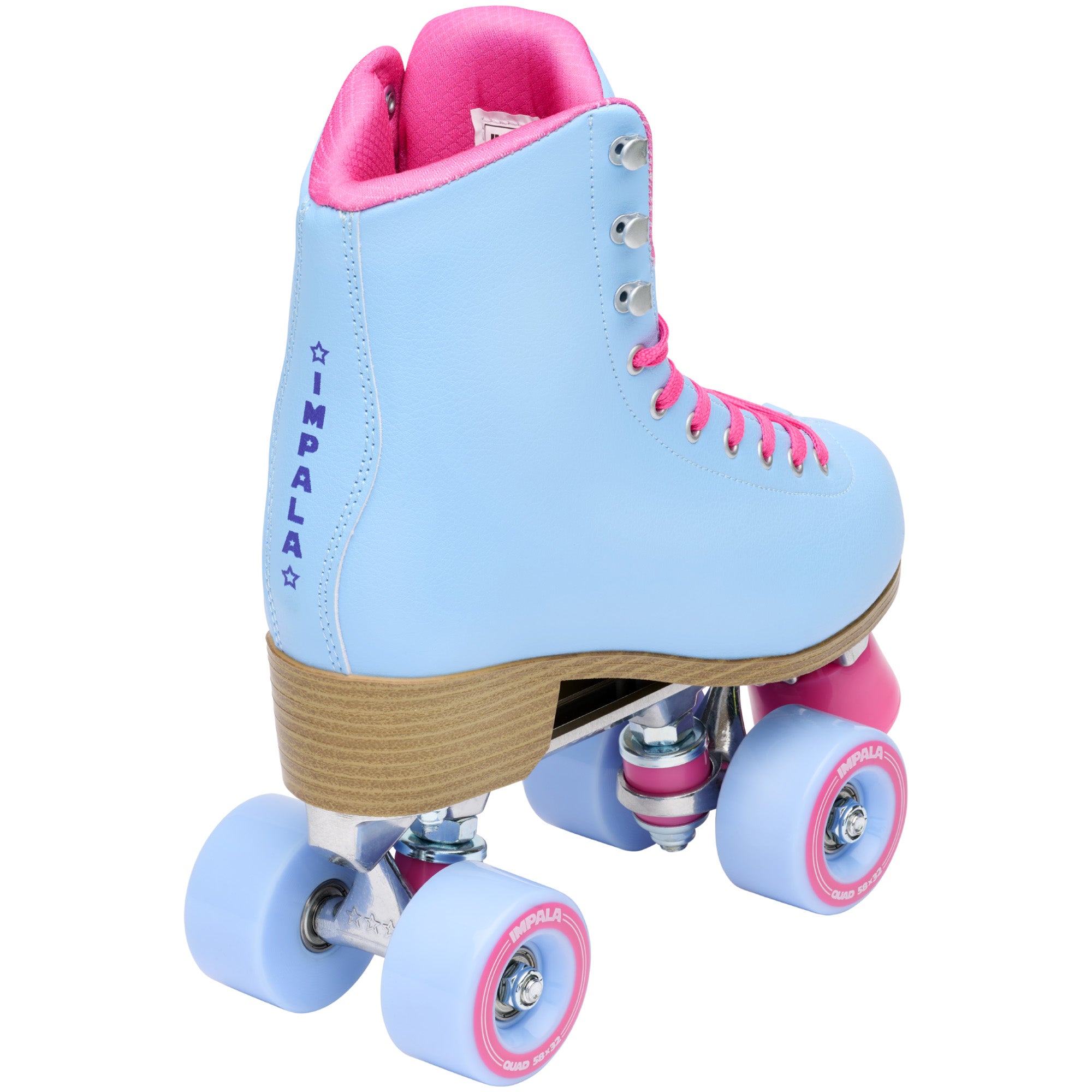Light blue high-top quad roller skate with pink lining and light purple wheels
