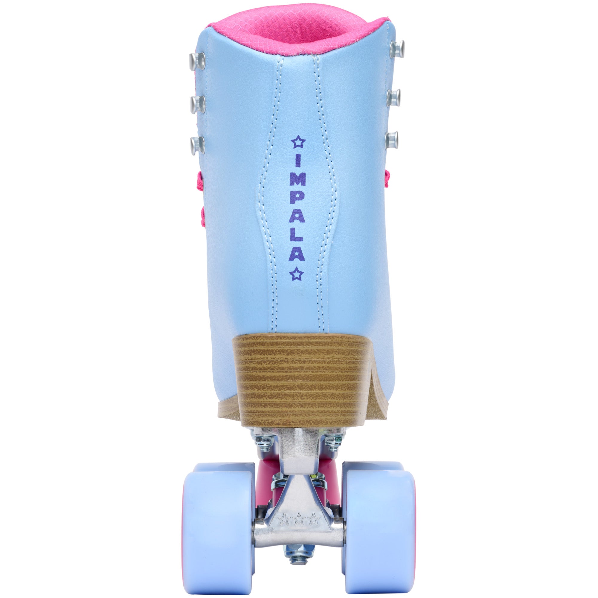 Light blue boot of quad roller skate with pink collar and tan sole