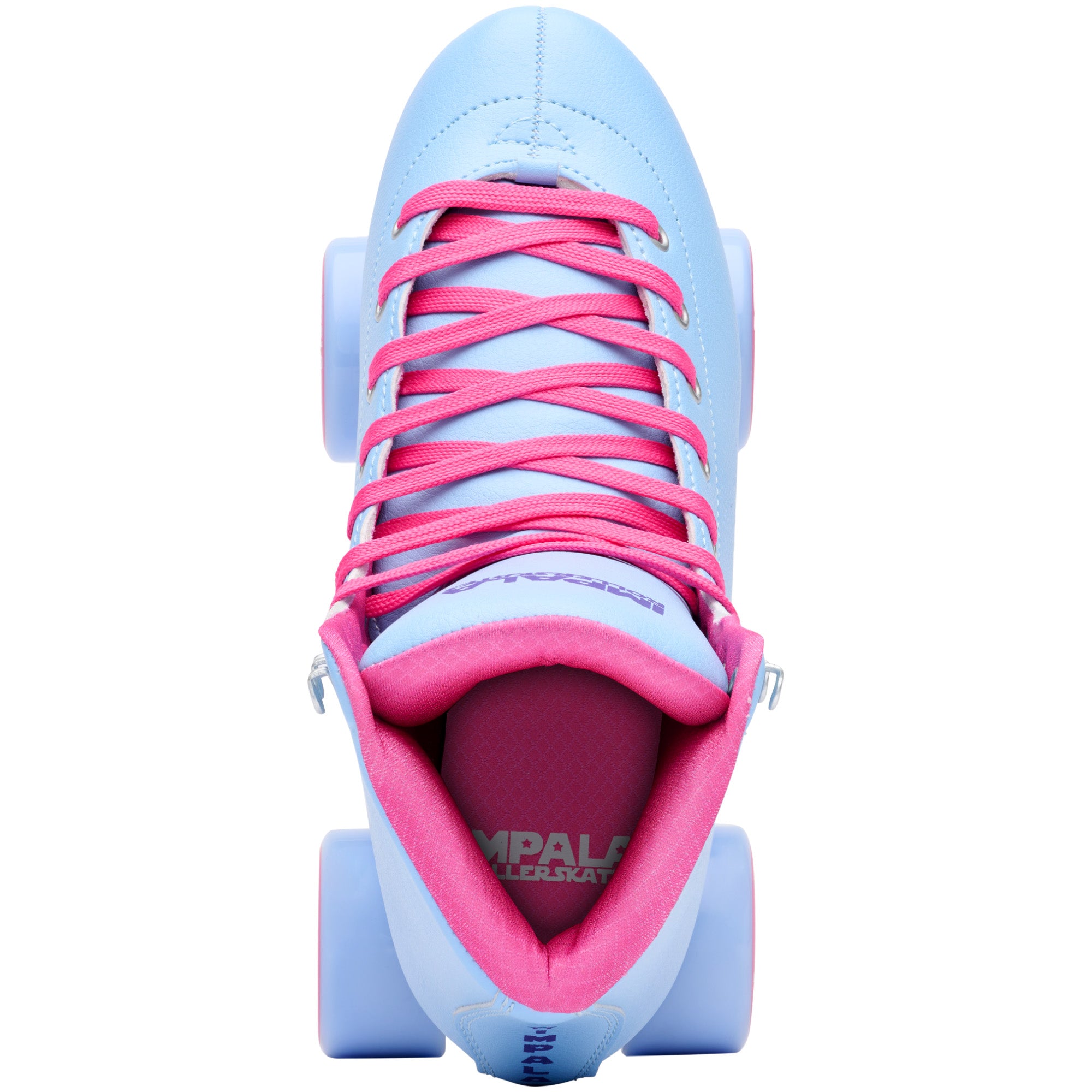 Light blue quad roller skate boot with bright pink laces and pink inner lining