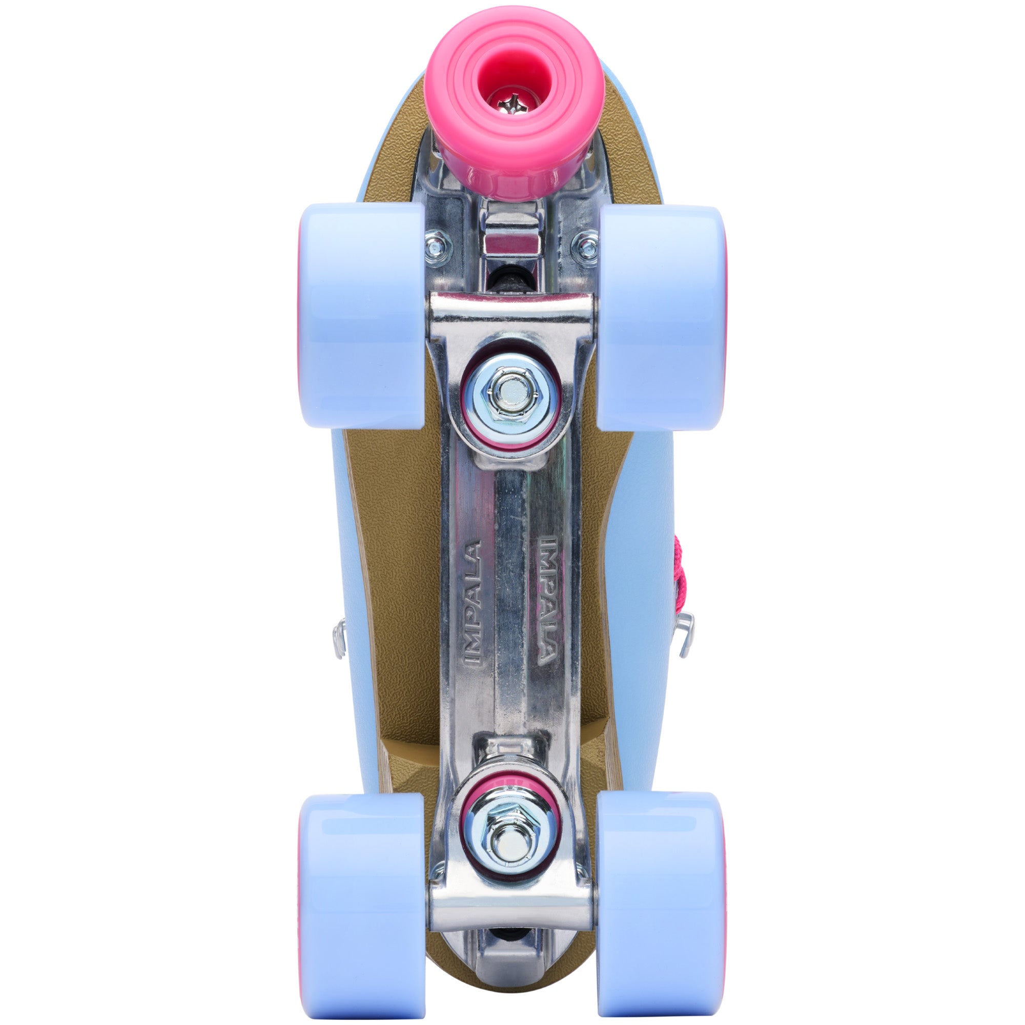 Quad roller skate frame detail with pink wheel, silver truck, and light purple wheels