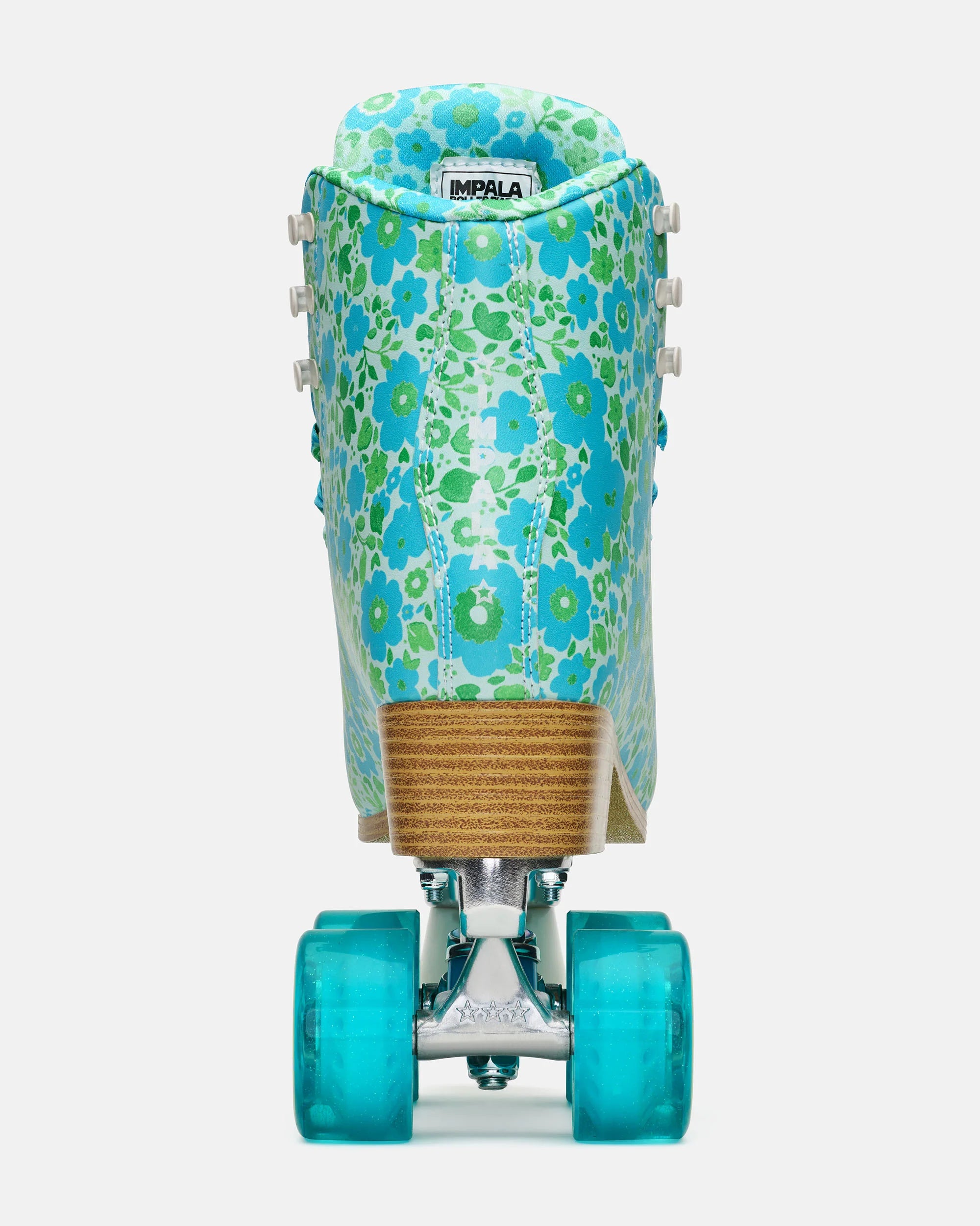 Teal floral high-top quad skates with padded cuff and turquoise wheels (rear view)
