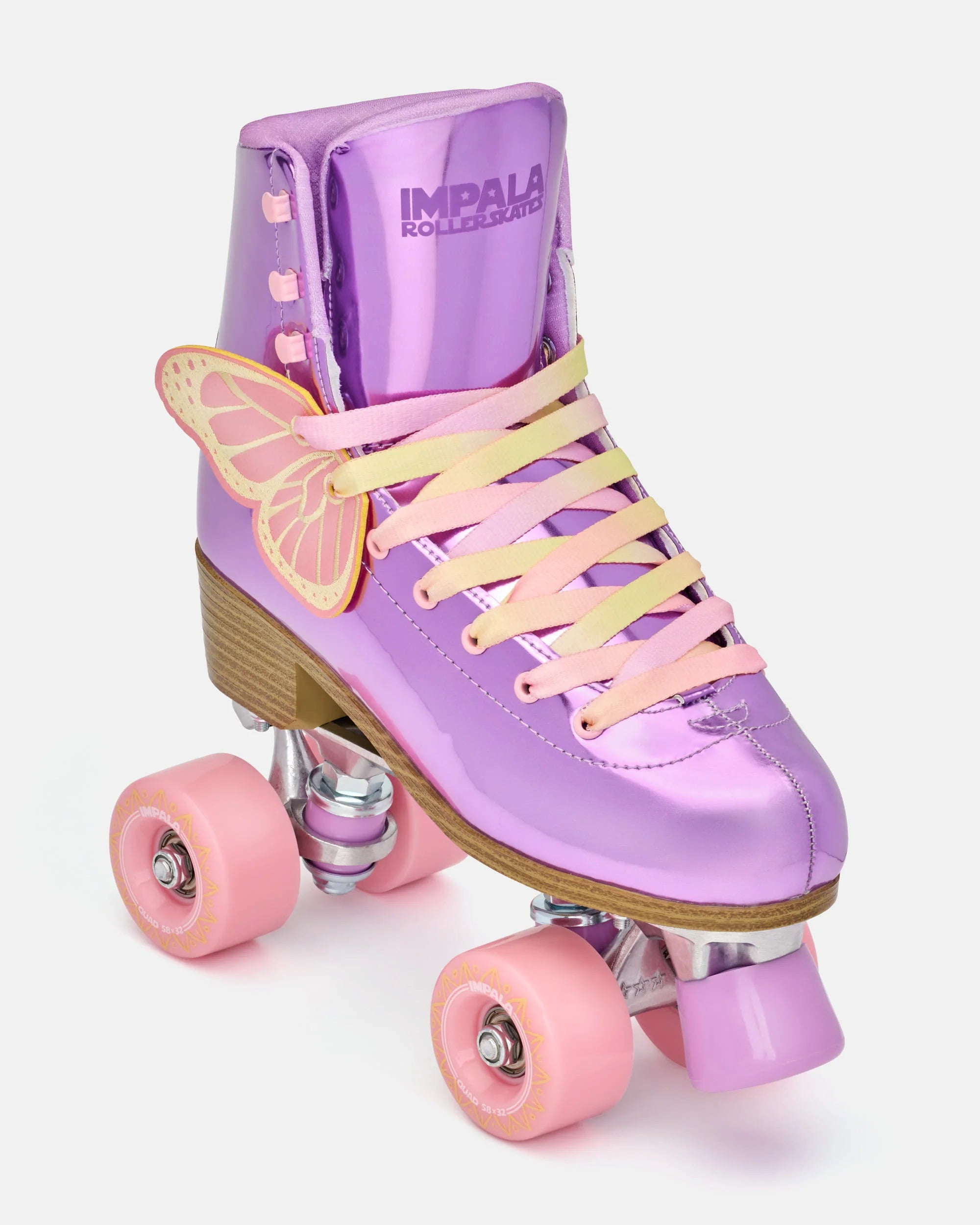 Lavender high-top quad roller skates, pink wheels, yellow laces, butterfly side detail