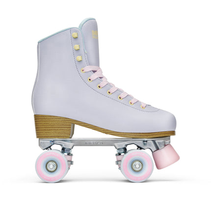 Periwinkle high-top quad skates with gold heel, pink wheels, and metal trucks