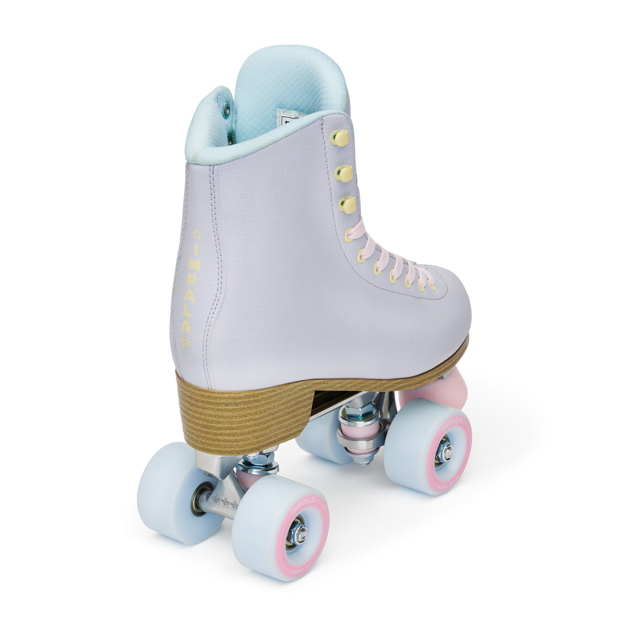 Periwinkle high-top quad skates with light blue lining and pink wheels