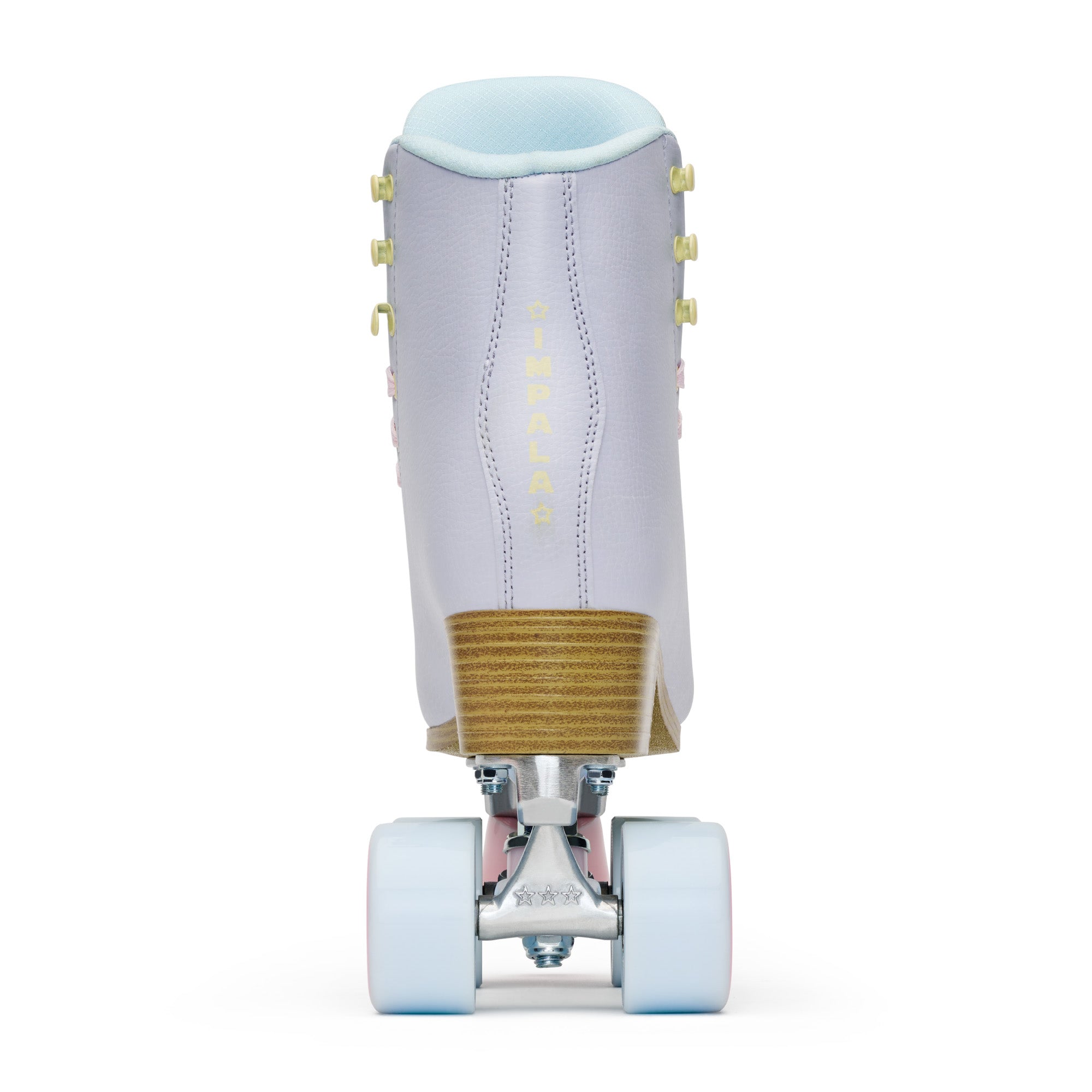 Periwinkle high-top quad skates, back view with gold sole and white wheels