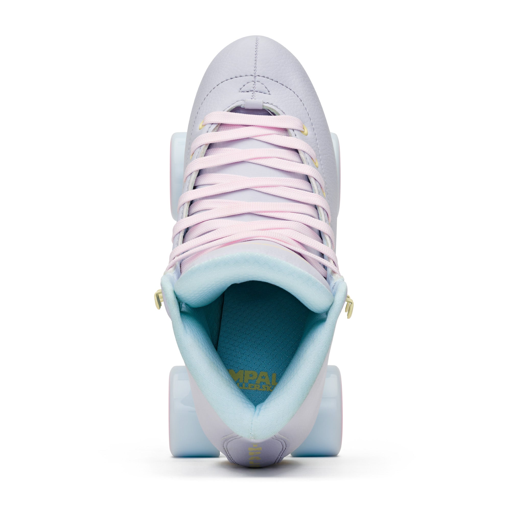 Periwinkle quad roller skate front view with white laces, light-blue lining, and pink wheels.