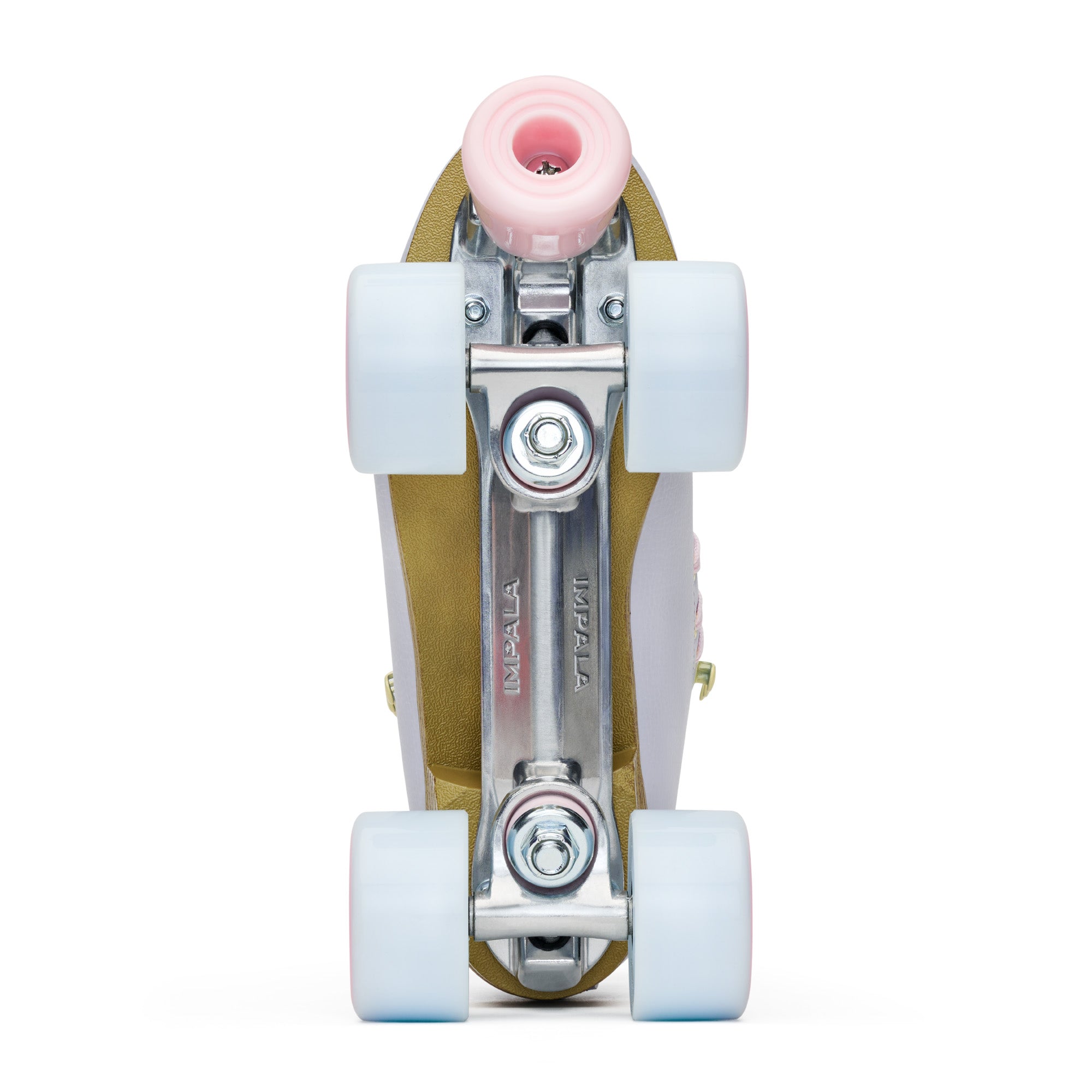 Quad skate trucks and wheels on periwinkle frame with white wheels and pink hub
