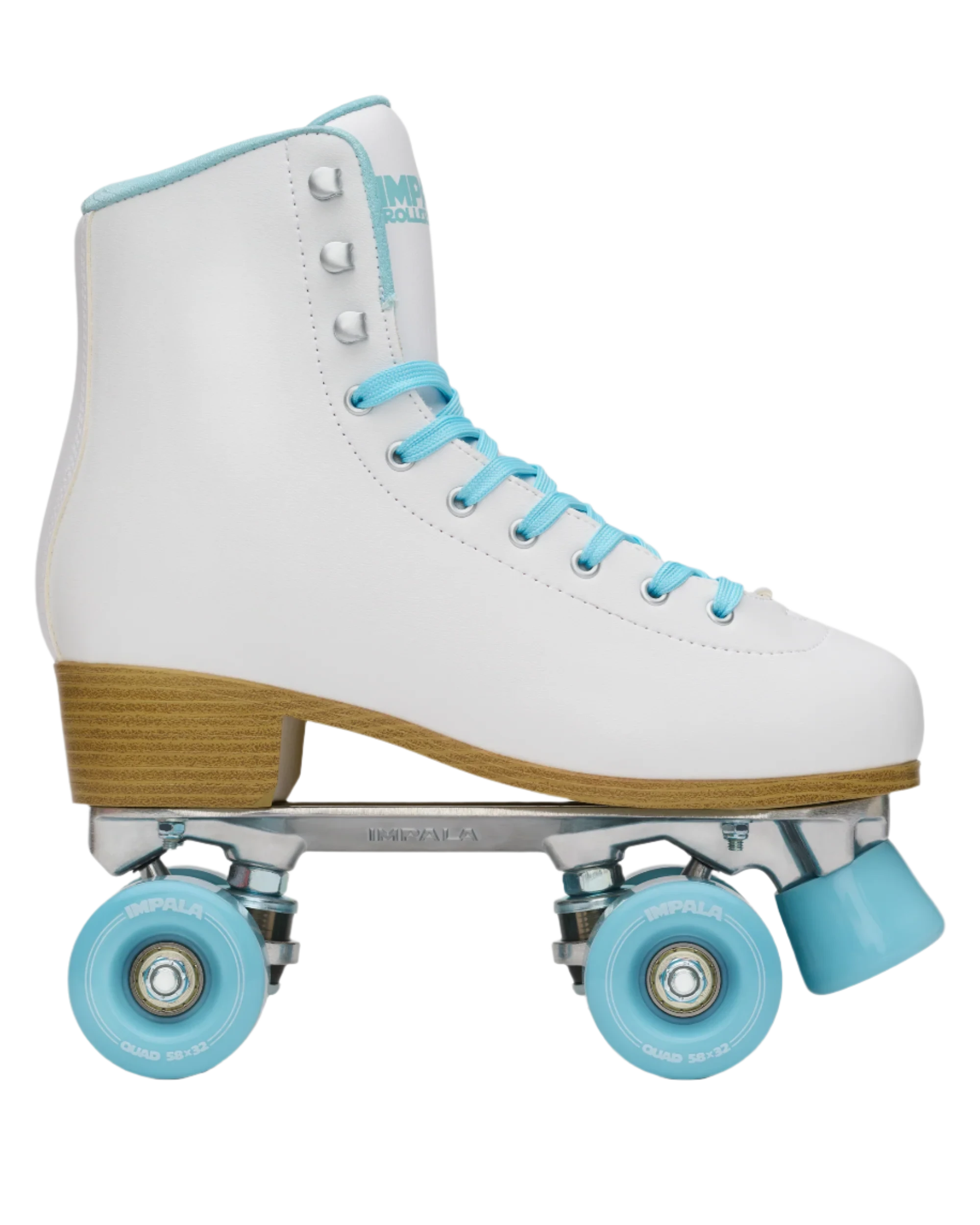 White quad skates with light blue laces and blue wheels, side view