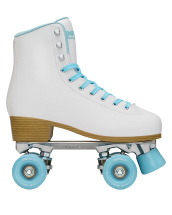 White quad skates with light blue laces and blue wheels, side view