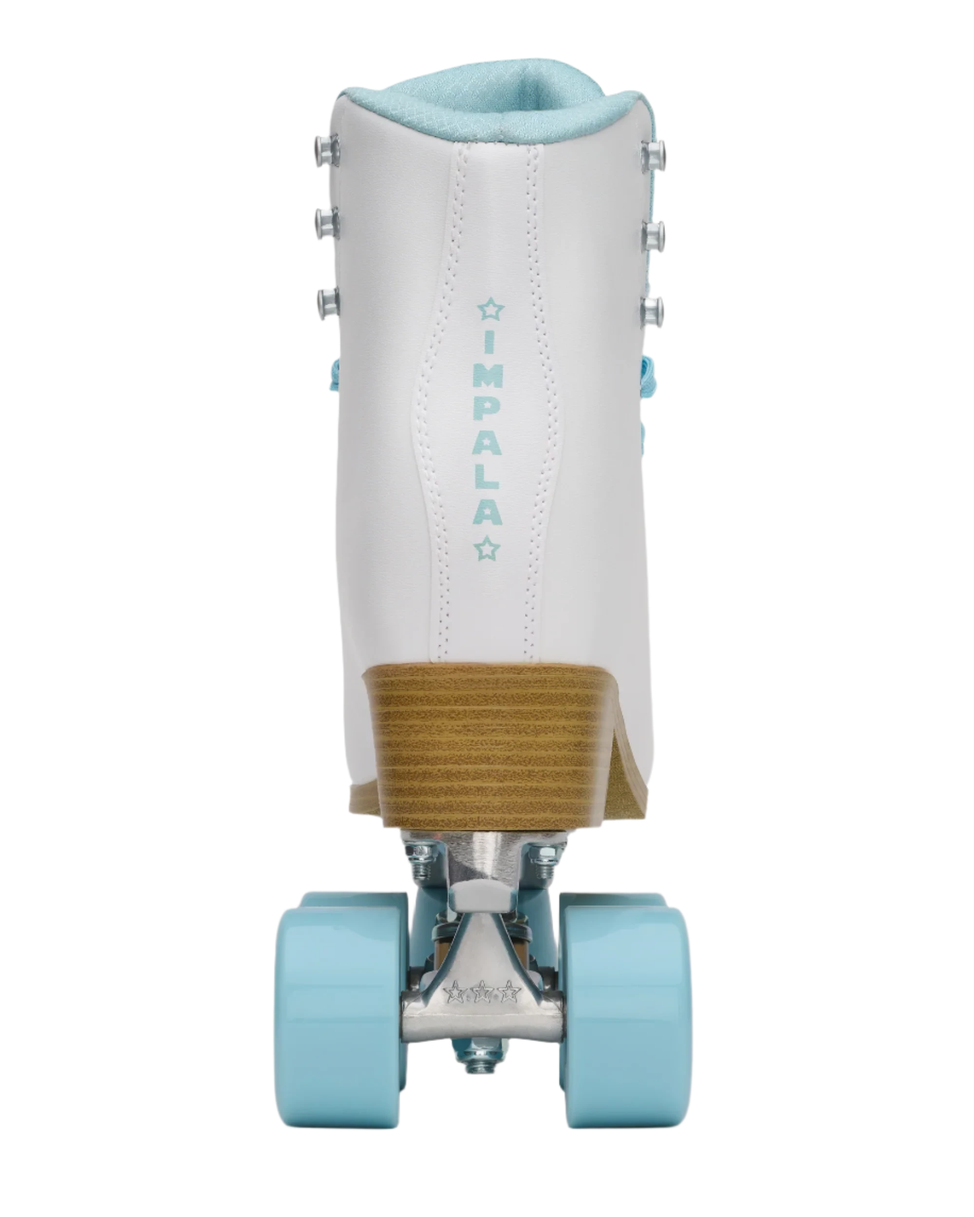 White quad skates heel view with light blue lining and blue wheels