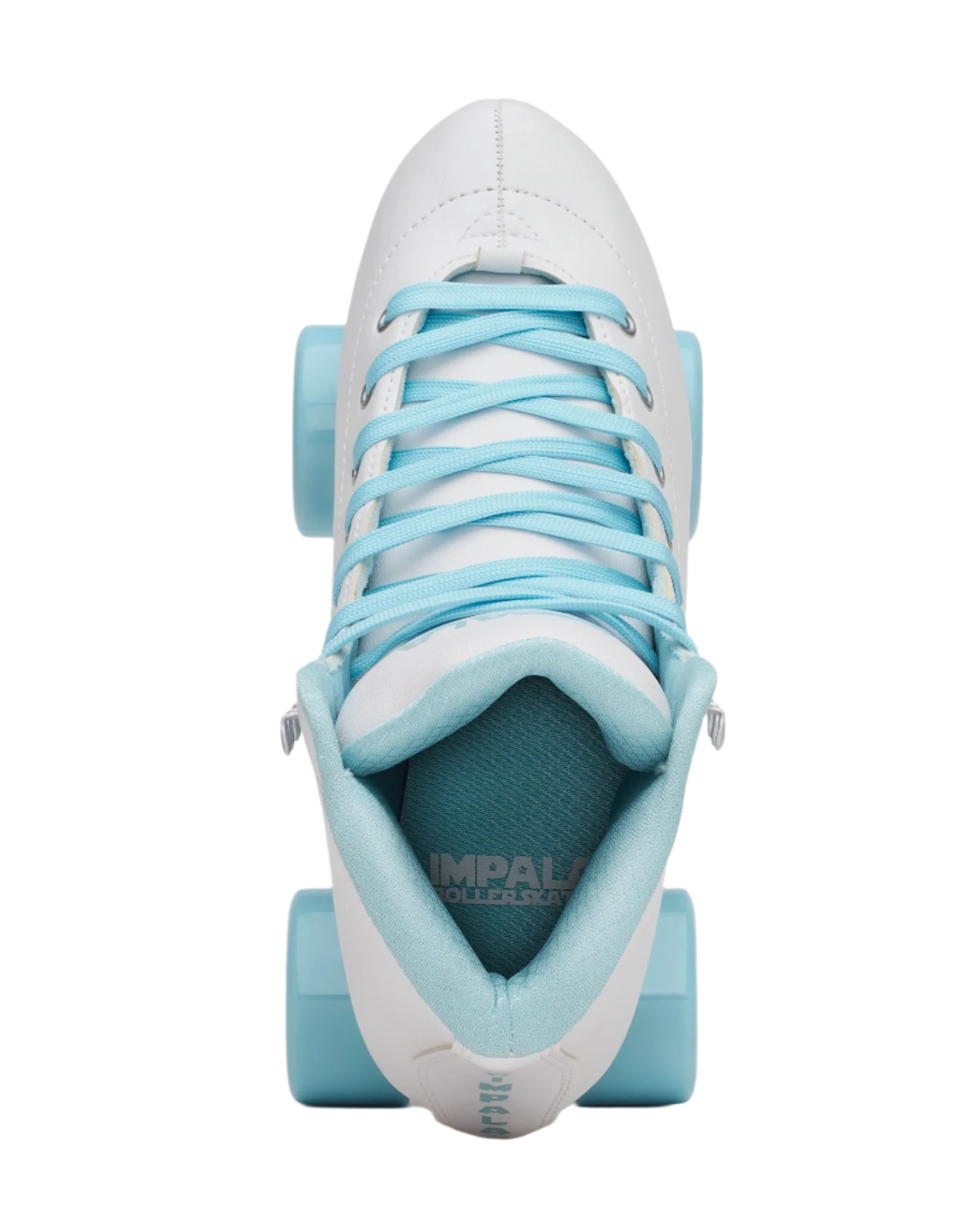 White quad skate boot with light blue laces and teal-blue interior, front view