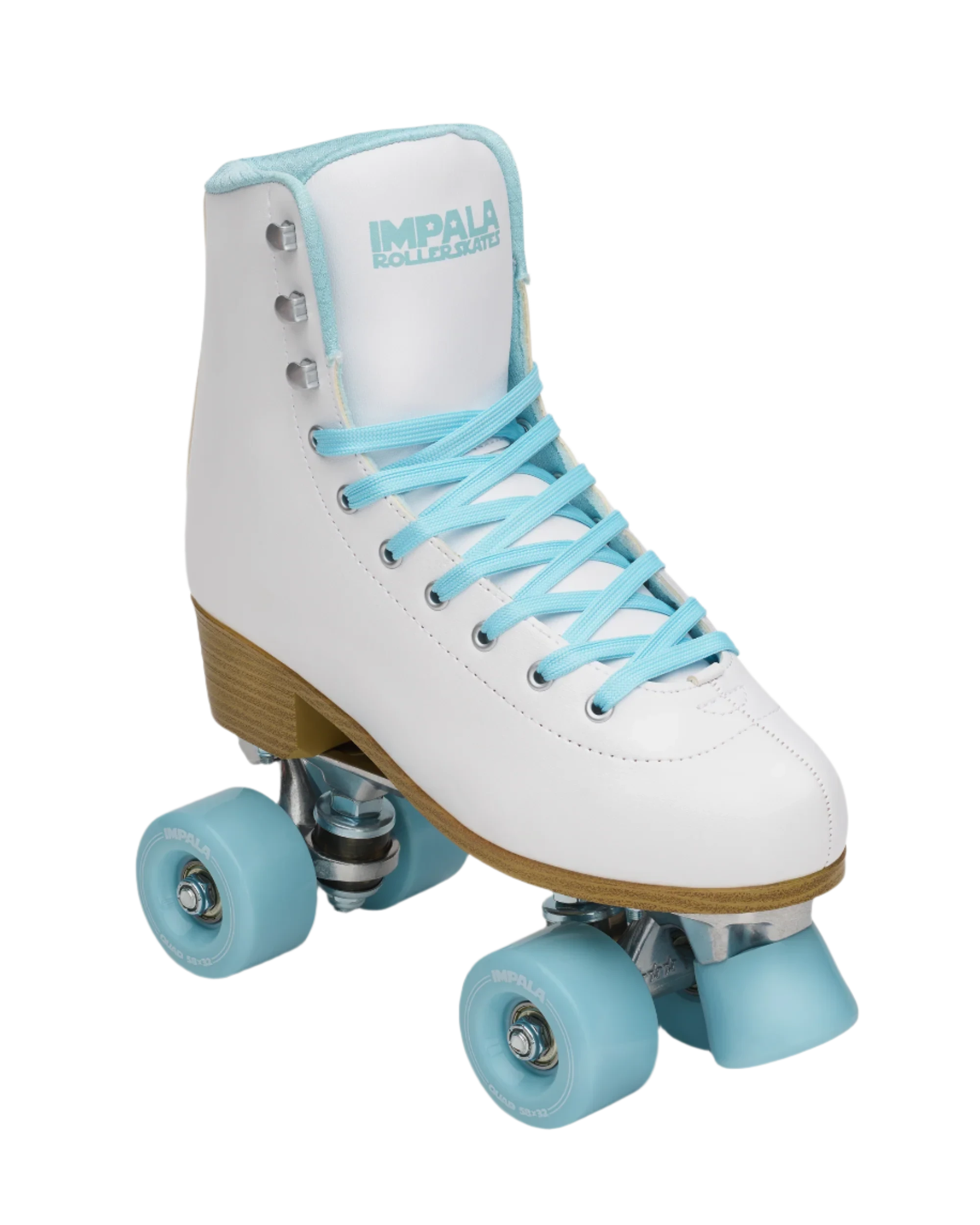 White quad skates with light blue laces, wood sole, and blue wheels, 3/4 view
