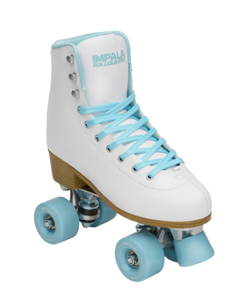 White quad skates with light blue laces, wood sole, and blue wheels, 3/4 view