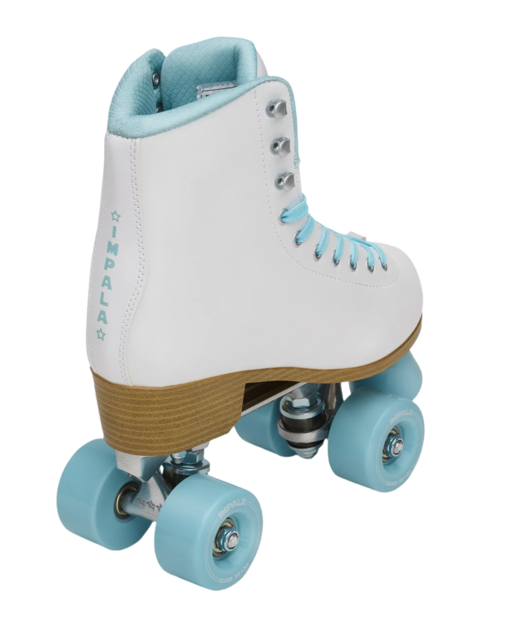White quad skates with blue wheels and wood-toned sole, ankle detail view