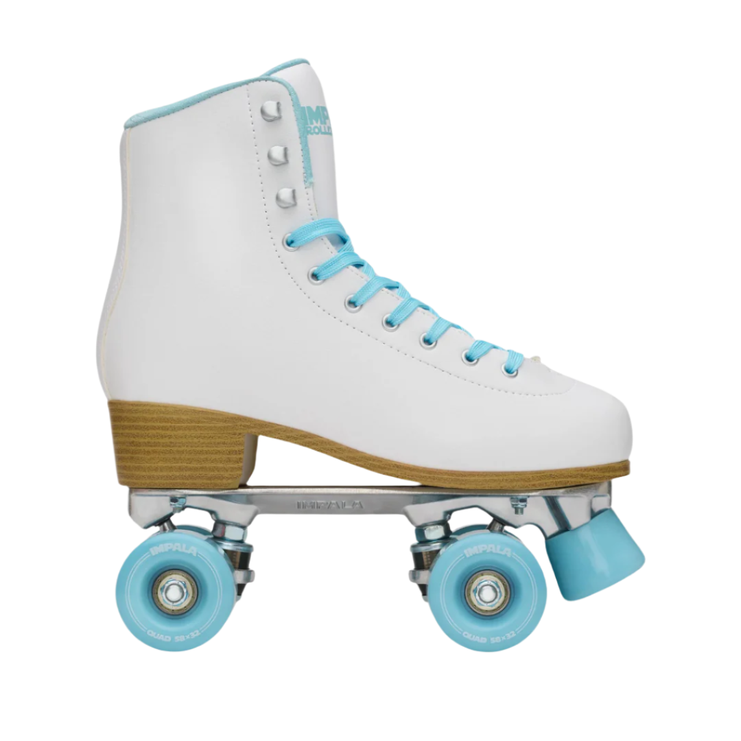 White quad skates with light blue laces and blue wheels, full side profile