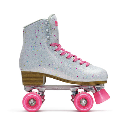 Kids quad roller skates with light gray confetti glitter boot, pink laces, pink wheels