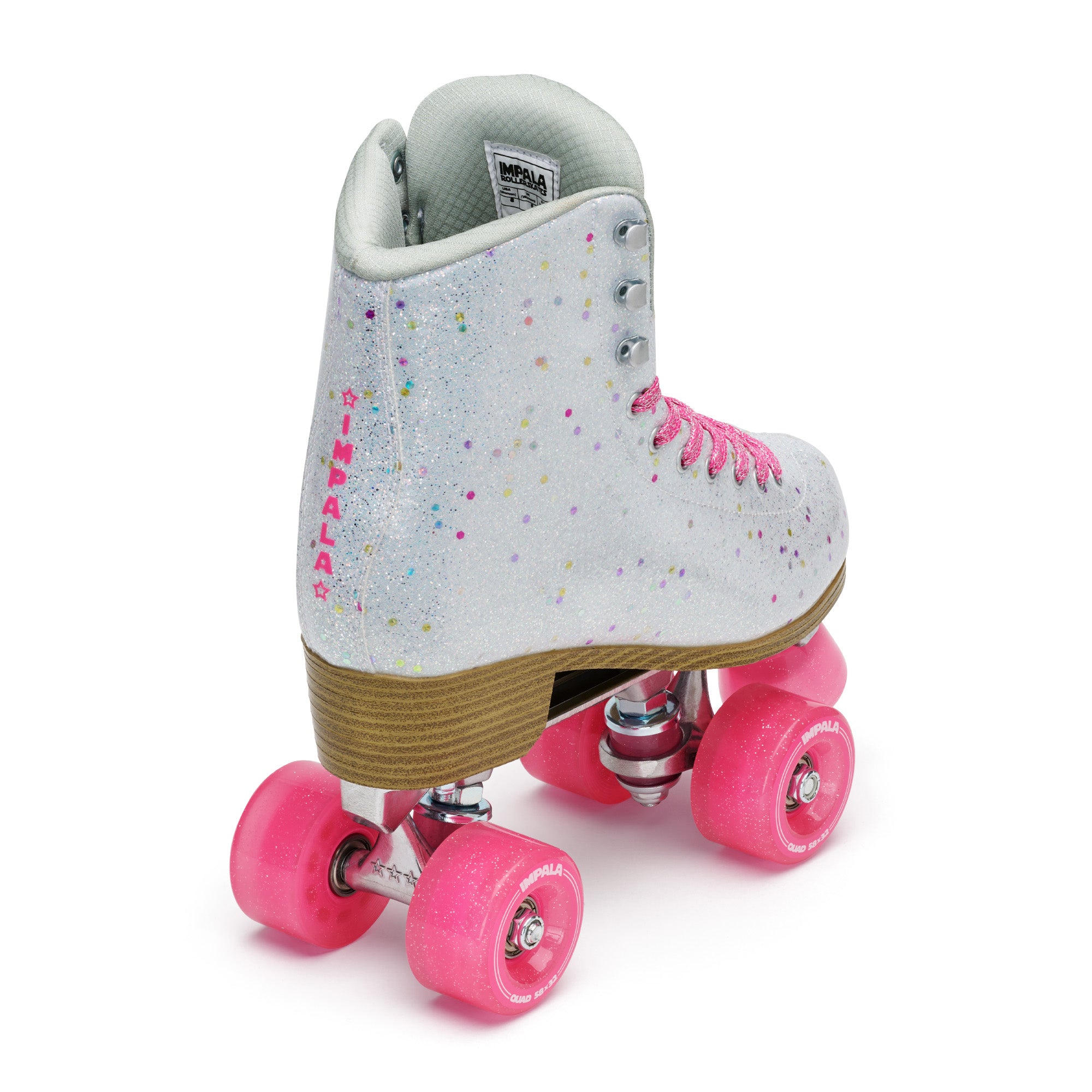 Confetti-print high-top skates on pink wheels, tan sole and laced front