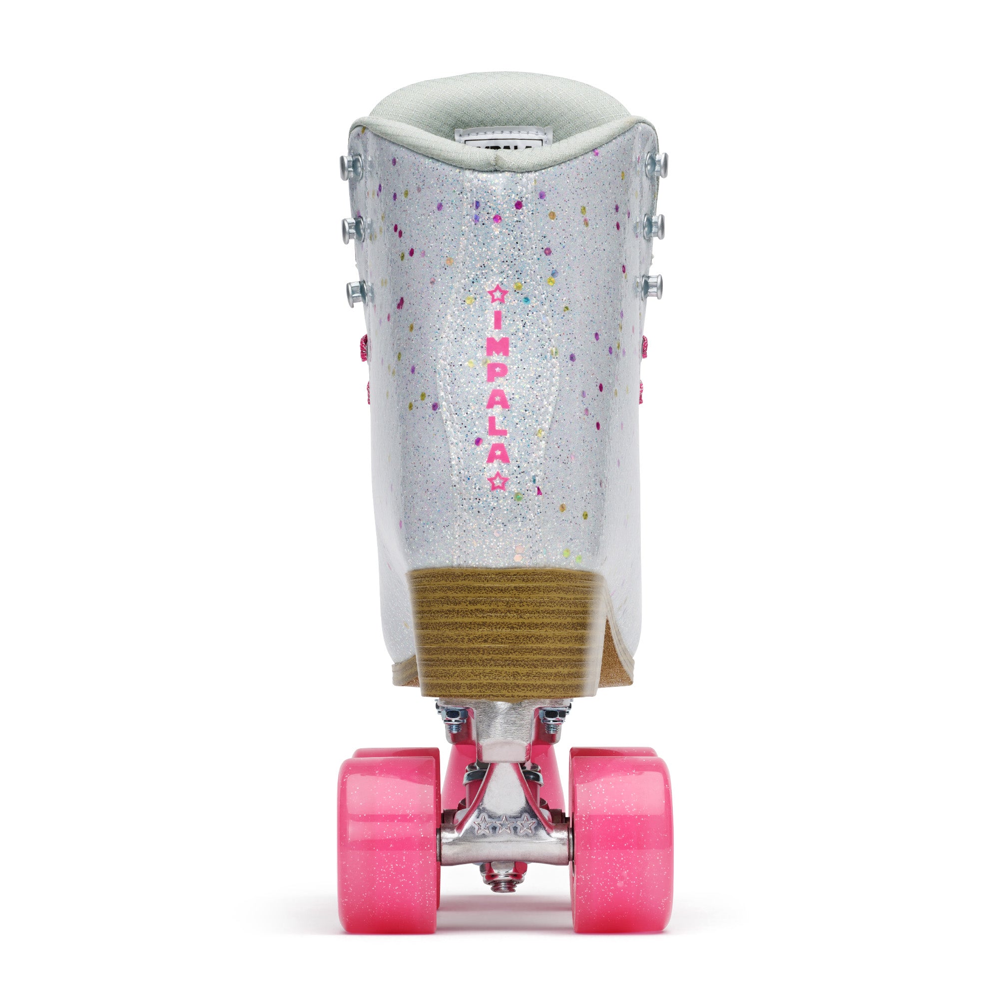 Kids quad roller skates back view, light gray confetti glitter boot, tan sole, pink wheels