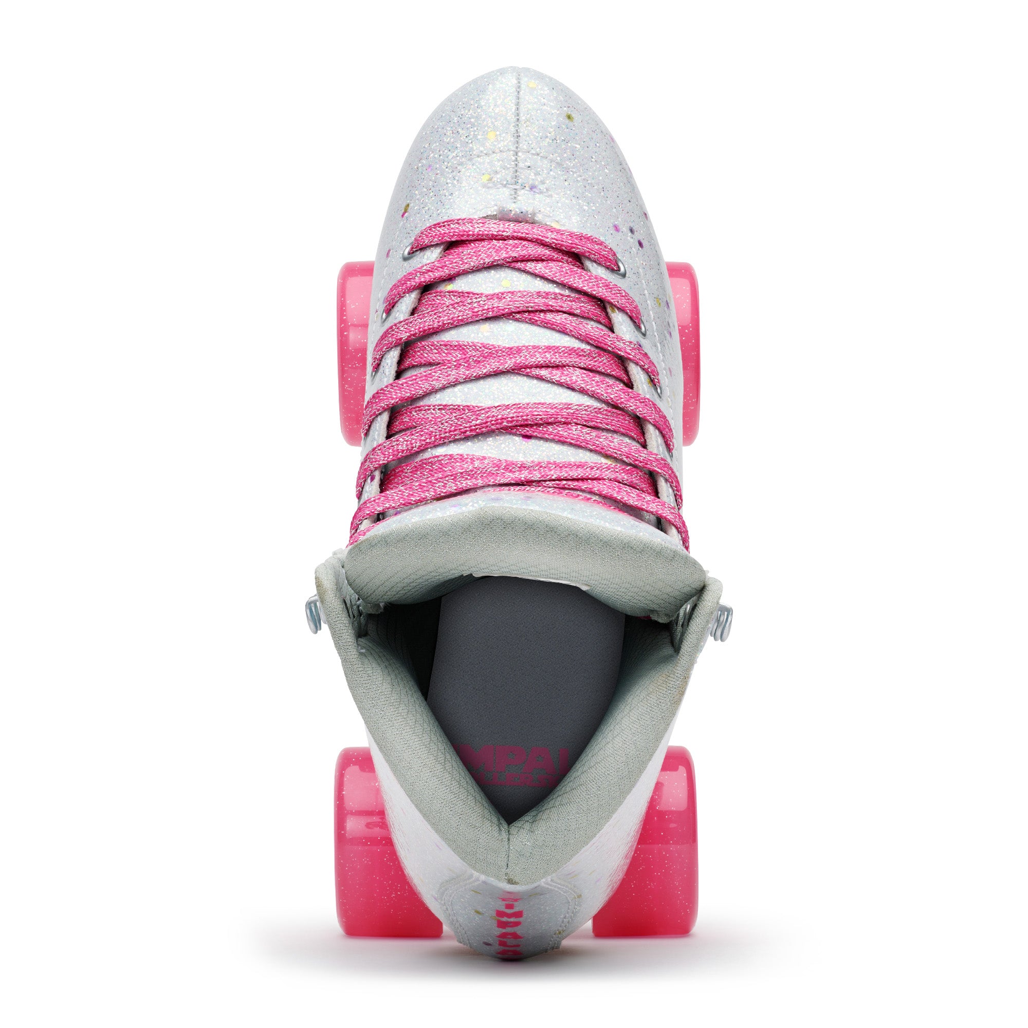 Kids quad roller skates front view, light gray confetti glitter boot with pink lace-up