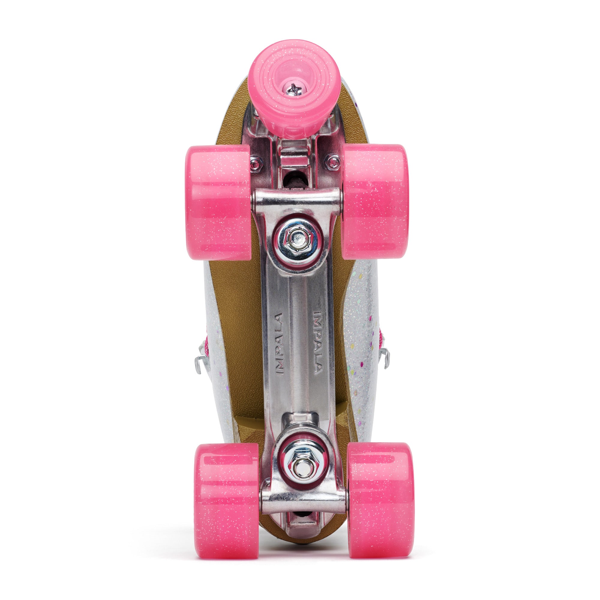 Back view of confetti-print quad skates with metal trucks and pink wheels