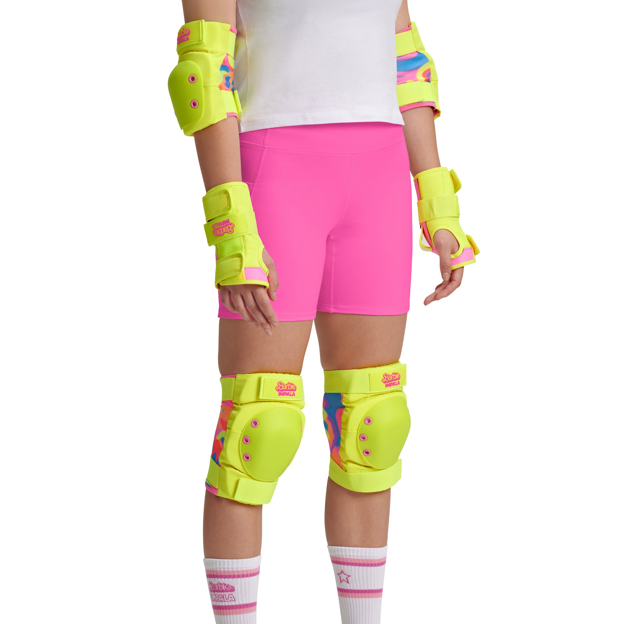 Bright yellow protective set worn with pink shorts, knee pads, and elbow pads