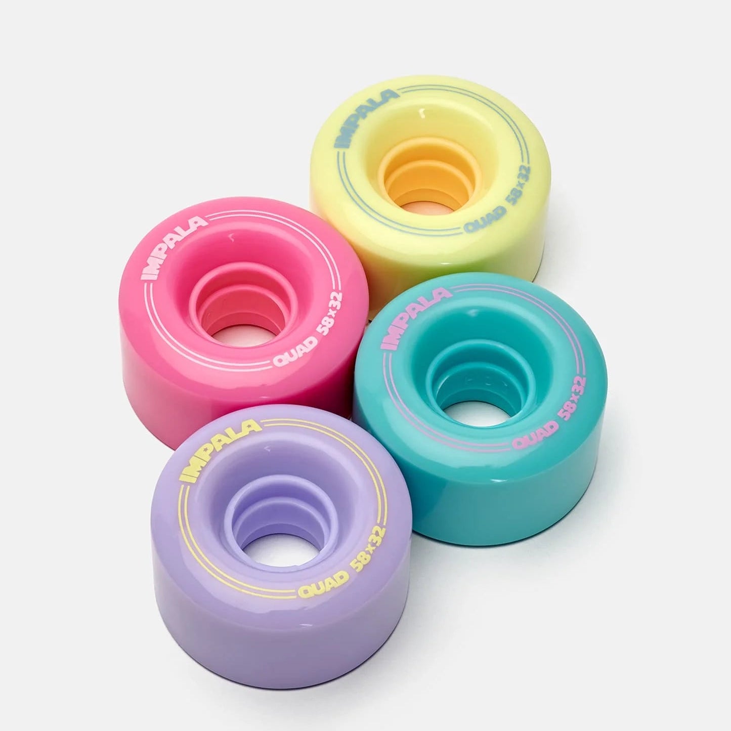Impala quad roller skate wheels, pastel purple, pink, teal, yellow, 58x32.