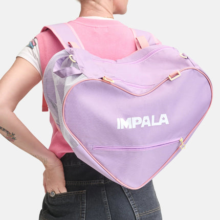 Lavender heart-shaped skate bag with IMPALA logo and adjustable straps