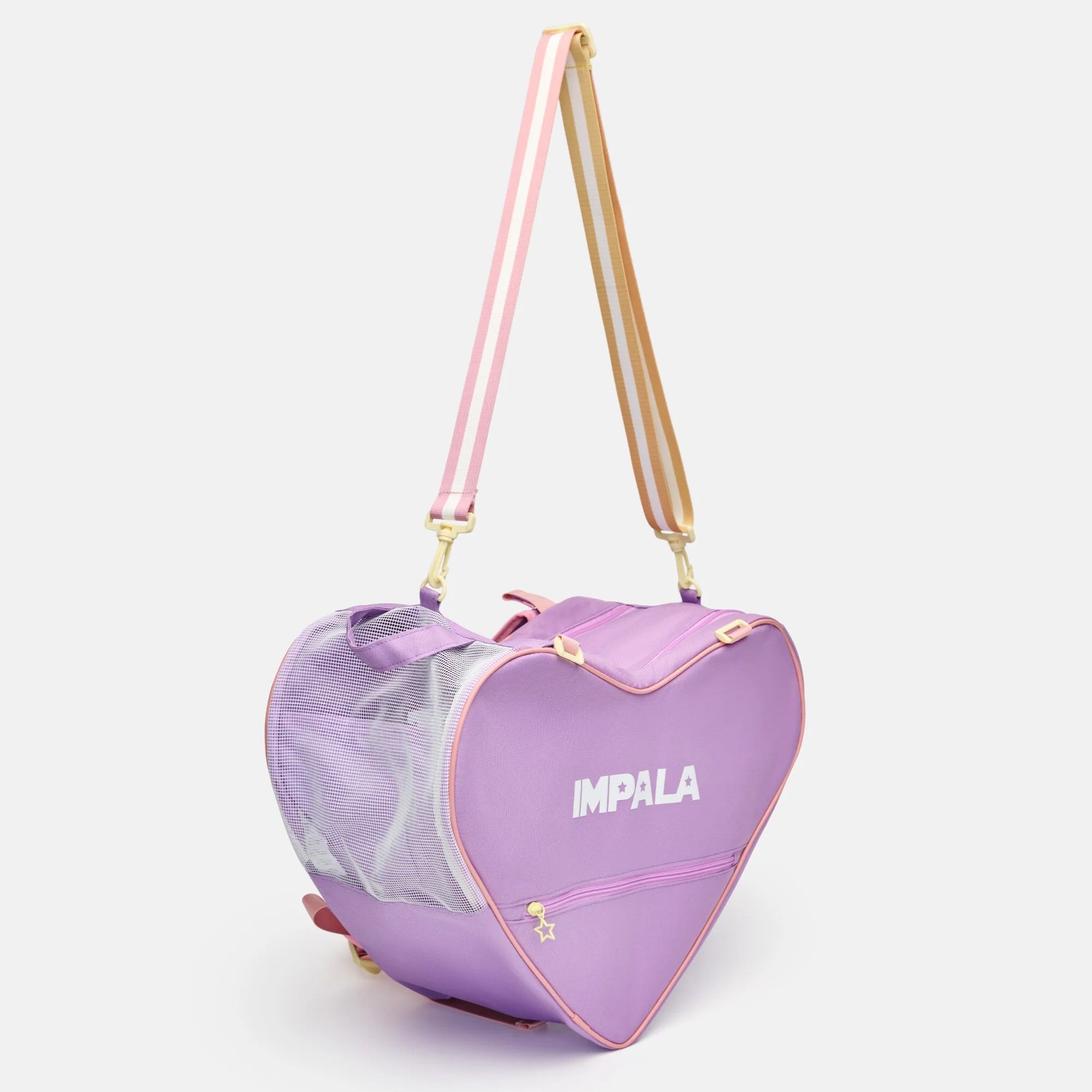 Lavender heart-shaped skate bag with adjustable straps and IMPALA logo on front