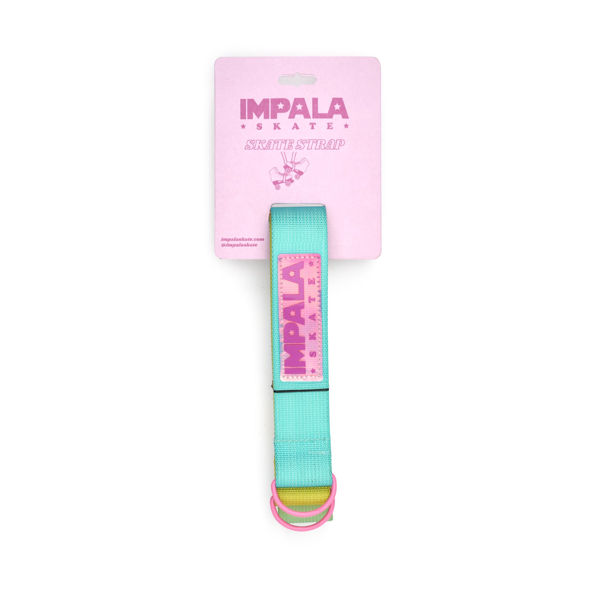 Turquoise woven skate strap with pink IMPALA logo, adjustable loop