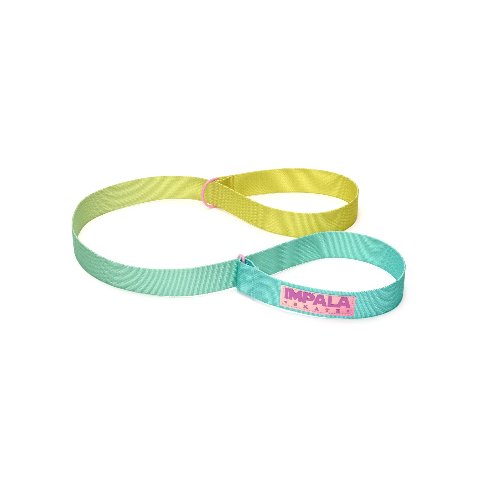 Turquoise and lime skate strap with pink IMPALA logo patch and loop